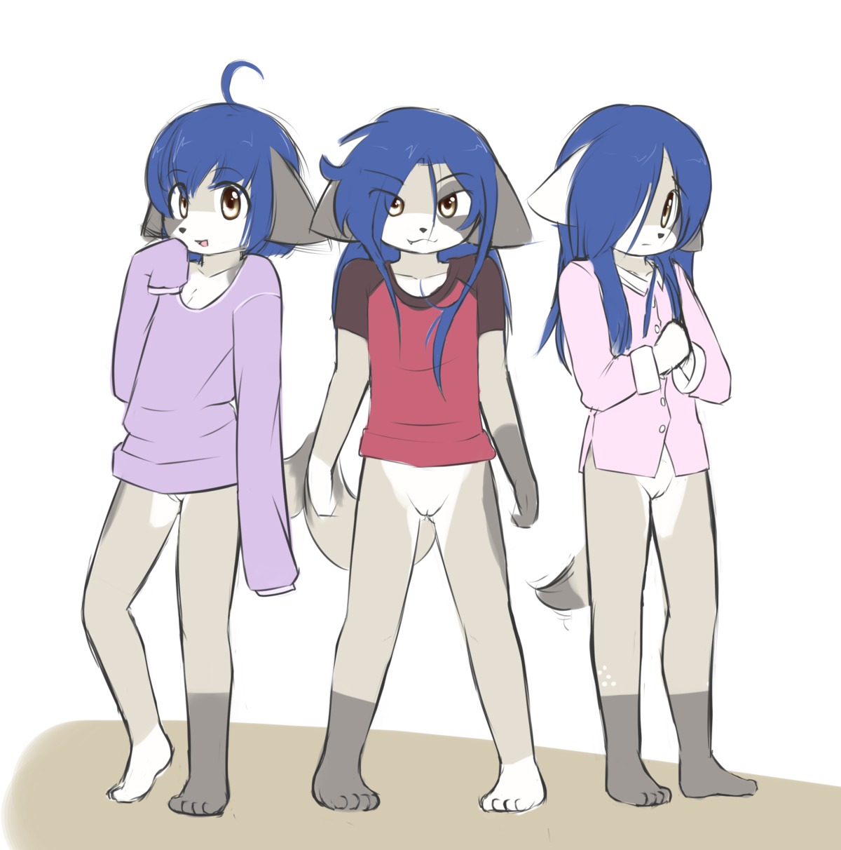 2013 absurd_res ahoge anthro blue_hair bottomless brown_eyes canid canine canis clothed clothing delicious_(artist) domestic_dog e621 female genitals group hair hi_res mammal open_mouth pajamas tail vulva young young_anthro