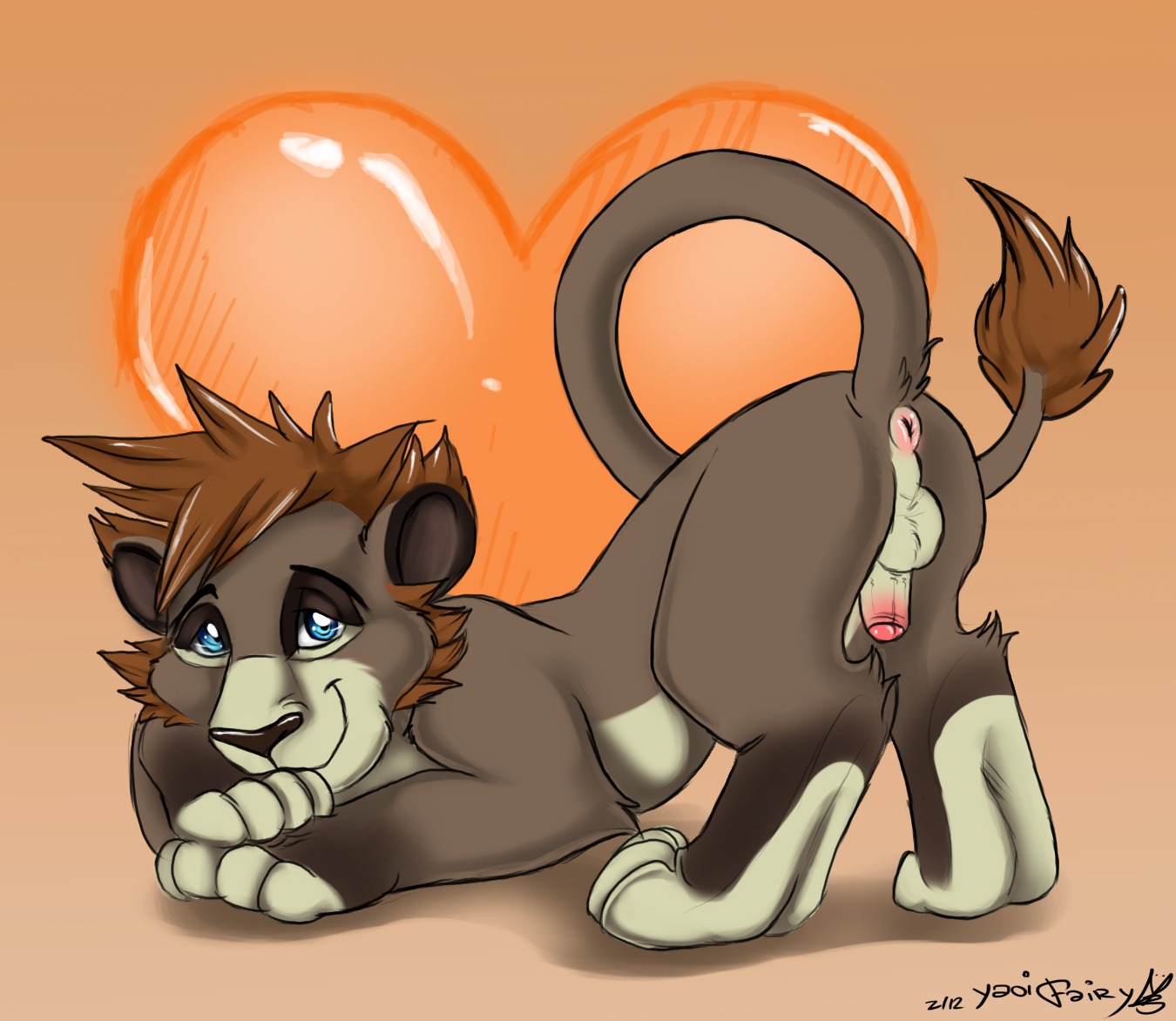 2012 anus ass_up backsack balls blue_eyes butt crossed_arms disney e621 erection felid feral foreskin genitals gradient_background heart_symbol humanoid_genitalia humanoid_penis kingdom_hearts lion lion_sora looking_at_viewer male mammal multicolored_penis nude orange_background pantherine partially_retracted_foreskin penis puffy_anus raised_tail simple_background solo sora_(kingdom_hearts) square_enix tail the_lion_king two_tone_penis yaoifairy young young_feral