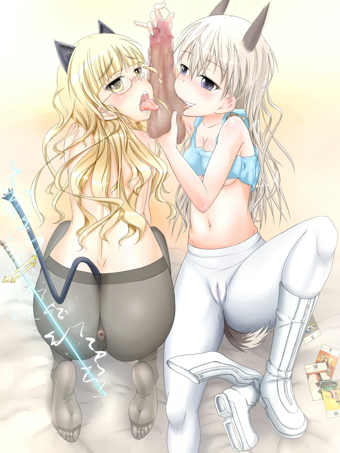 1boy 2girls 94plum blonde_hair blush breasts censored collaborative_fellatio eila_ilmatar_juutilainen fellatio female glasses hair highres male multiple_females multiple_girls oral pantyhose penis penis_biting perrine_h._clostermann rule34 small_breasts strike_witches teamwork threesome world_witches_series yellow_eyes