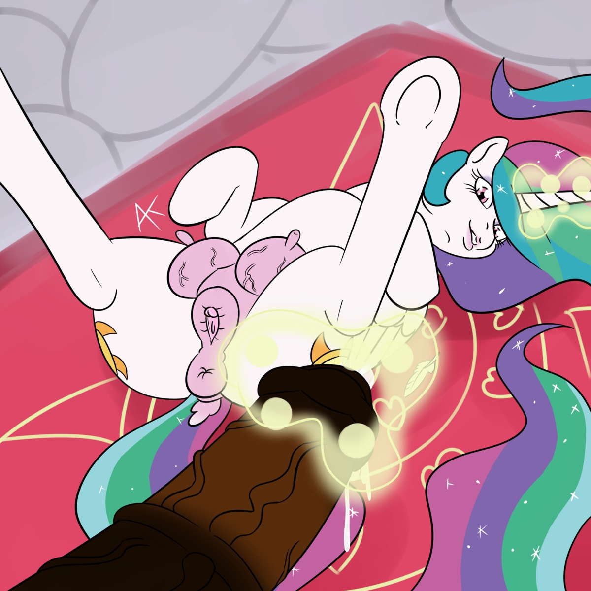1:1 animal_genitalia animal_penis animal_vulva anus appelknekten clitoral_winking clitoris cutie_mark dock_(anatomy) duo e621 equid equine equine_genitalia equine_penis equine_vulva erect_nipples erection feathered_wings feathers female feral friendship_is_magic fur genitals hair hasbro hi_res hooves horn legs_up lips long_hair looking_at_viewer lying magic male male/female mammal multicolored_hair my_little_pony mythological_creature mythological_equine mythology nipples nude on_back penis pink_eyes princess_celestia_(mlp) smile solo_focus sparkles spread_legs spreading tail teats underhoof vulva white_body white_fur winged_unicorn wings