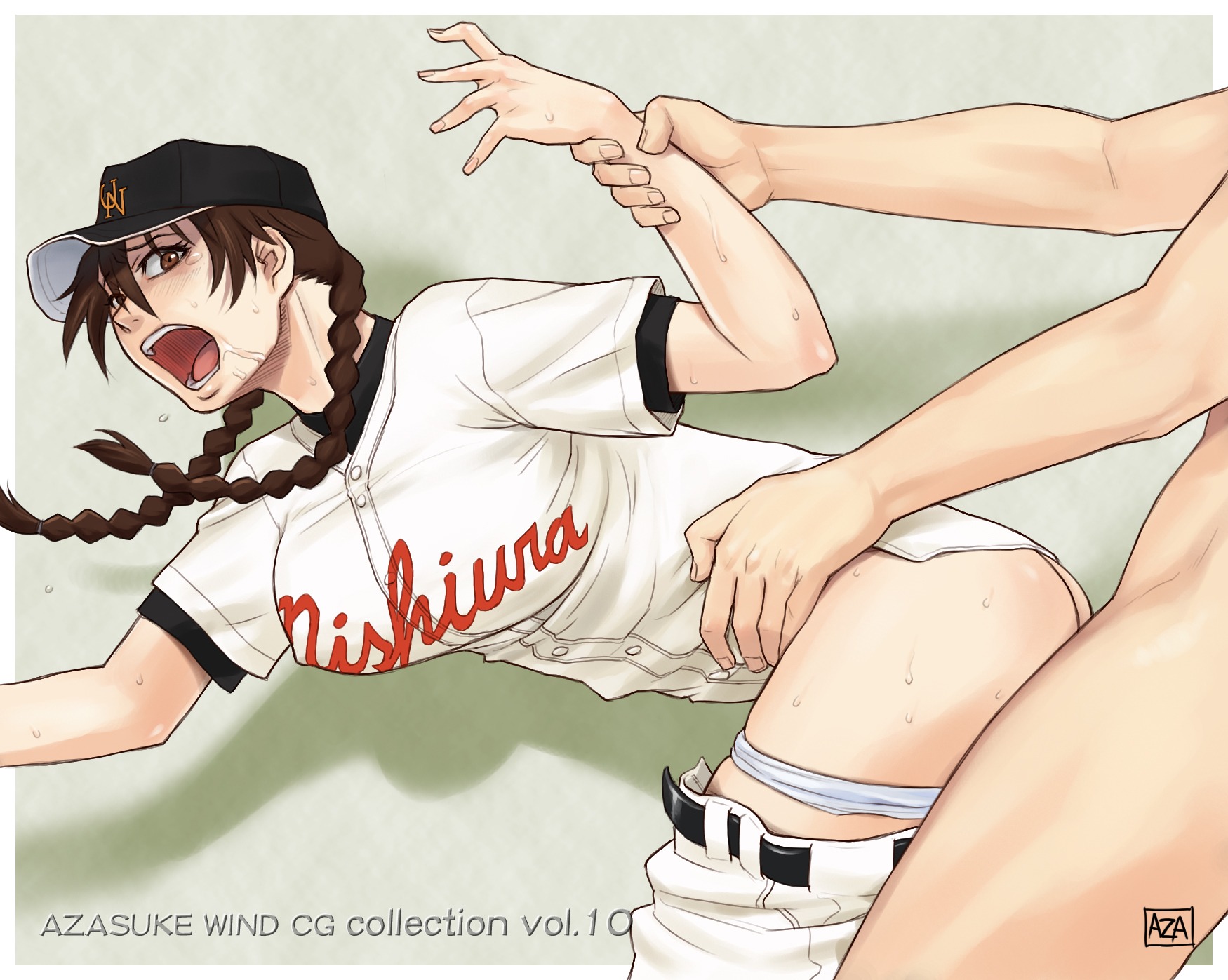 arm_grab ass azasuke baseball_cap baseball_uniform bent_over braid breasts brown_eyes brown_hair clothed_female_nude_male doggy_style drooling erect_nipples female from_behind hat highres huge_breasts human male maria_momoe momoe_maria nipples ookiku_furikabutte open_mouth panties panty_pull partial_male pussy rule34 saliva sex straight sweat tears tied_hair torso_grab twin_braids twintails underwear uniform vaginal_penetration white_panties