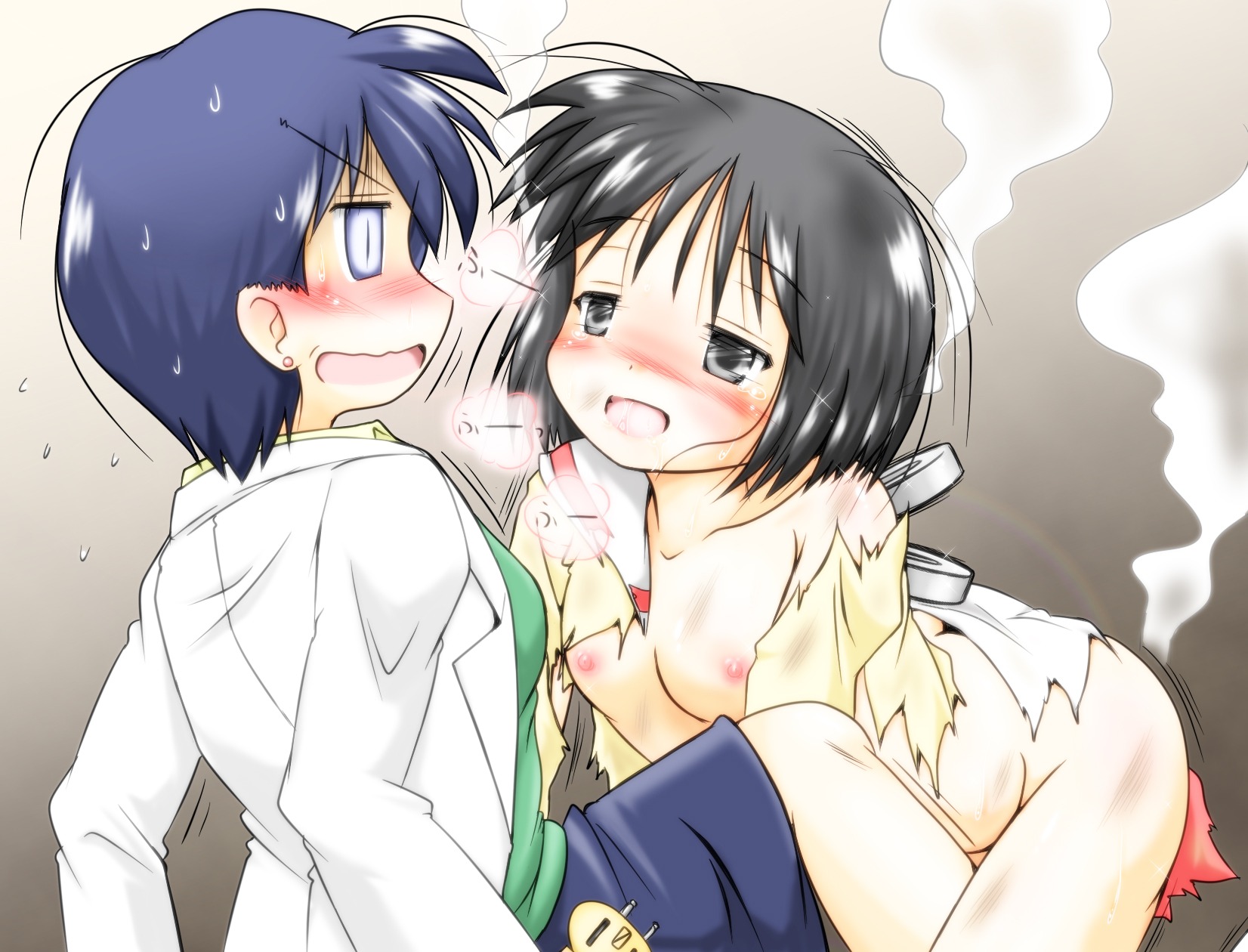 2012 2d 2girls anime_style blush breasts clothed duo eyes_half_open female female/female female_only gaketsu lesbian nakamura_kana nichijou nipples onomatopoeia panting partially_clothed rule34 shinonome_nano steam sweat thighs torn_clothes torn_clothing yuri