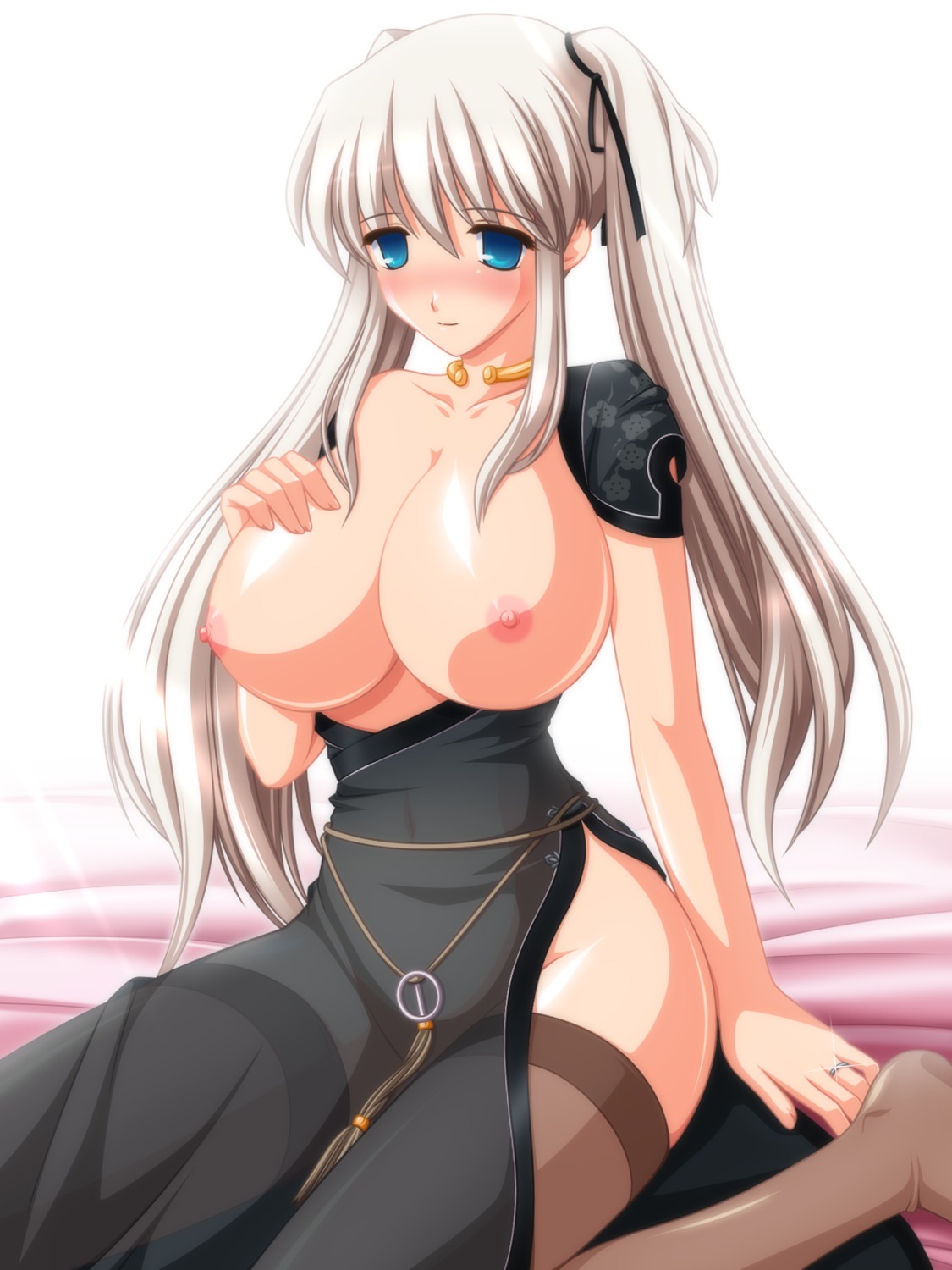 blue_eyes blush breasts breasts_out dress female highres jewelry kafu large_breasts long_hair mabinogi nao no_bra no_panties pointy_chin ring rule34 thighhighs tied_hair translucent_clothing twintails white_hair