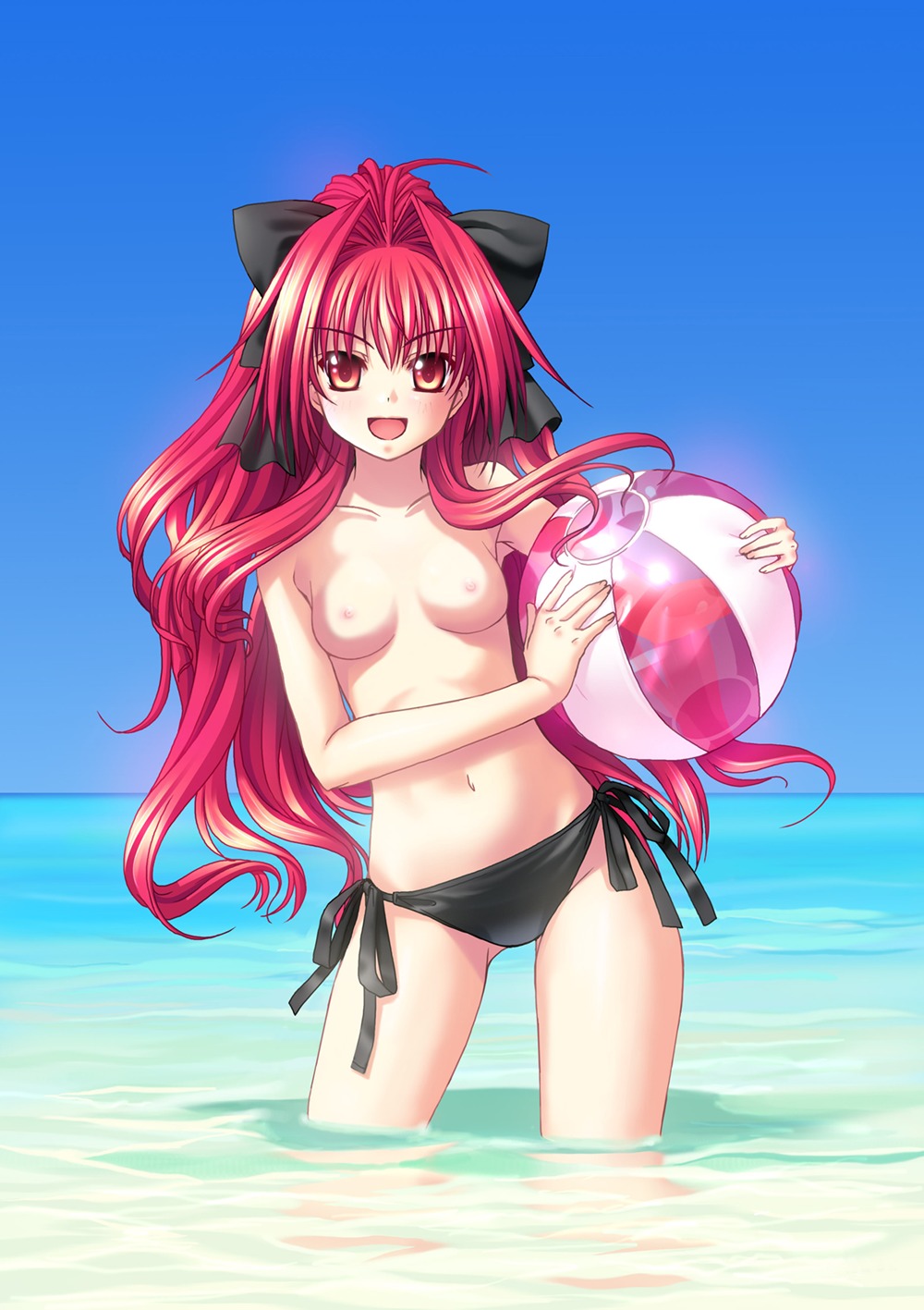1girls bikini breasts corticarte_apa_lagranges female hair_ribbon high_res highres kannatsuki_noboru long_hair mizugi nipples nude_filter oppai photoshop red_eyes red_hair ribbon rule34 shinkyoku_soukai_polyphonica side-tie_bikini solo swimsuit third-party_edit topless water