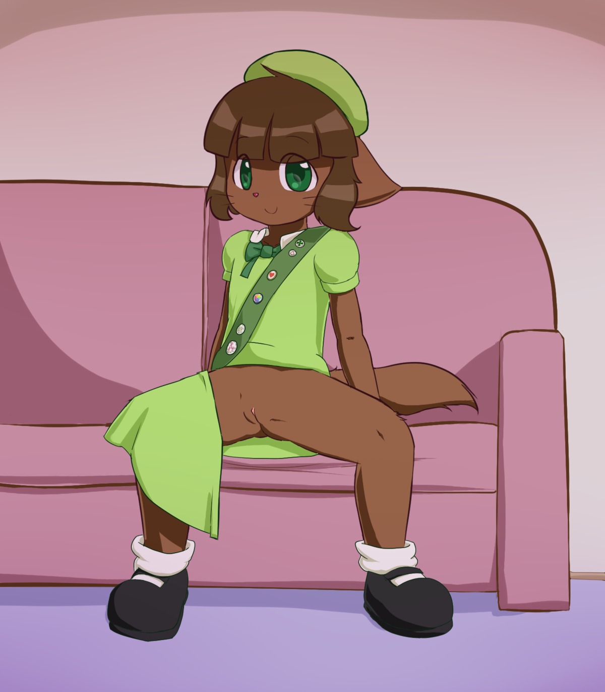 anthro biped bittersweet_candy_bowl brown_body brown_fur brown_hair child delicious_(artist) domestic_cat e621 felid feline felis female full_cleft fur genitals girl_scout hair hi_res mammal molly_(bcb) presenting sitting smile solo spread_legs spreading tail vulva young young_anthro young_female
