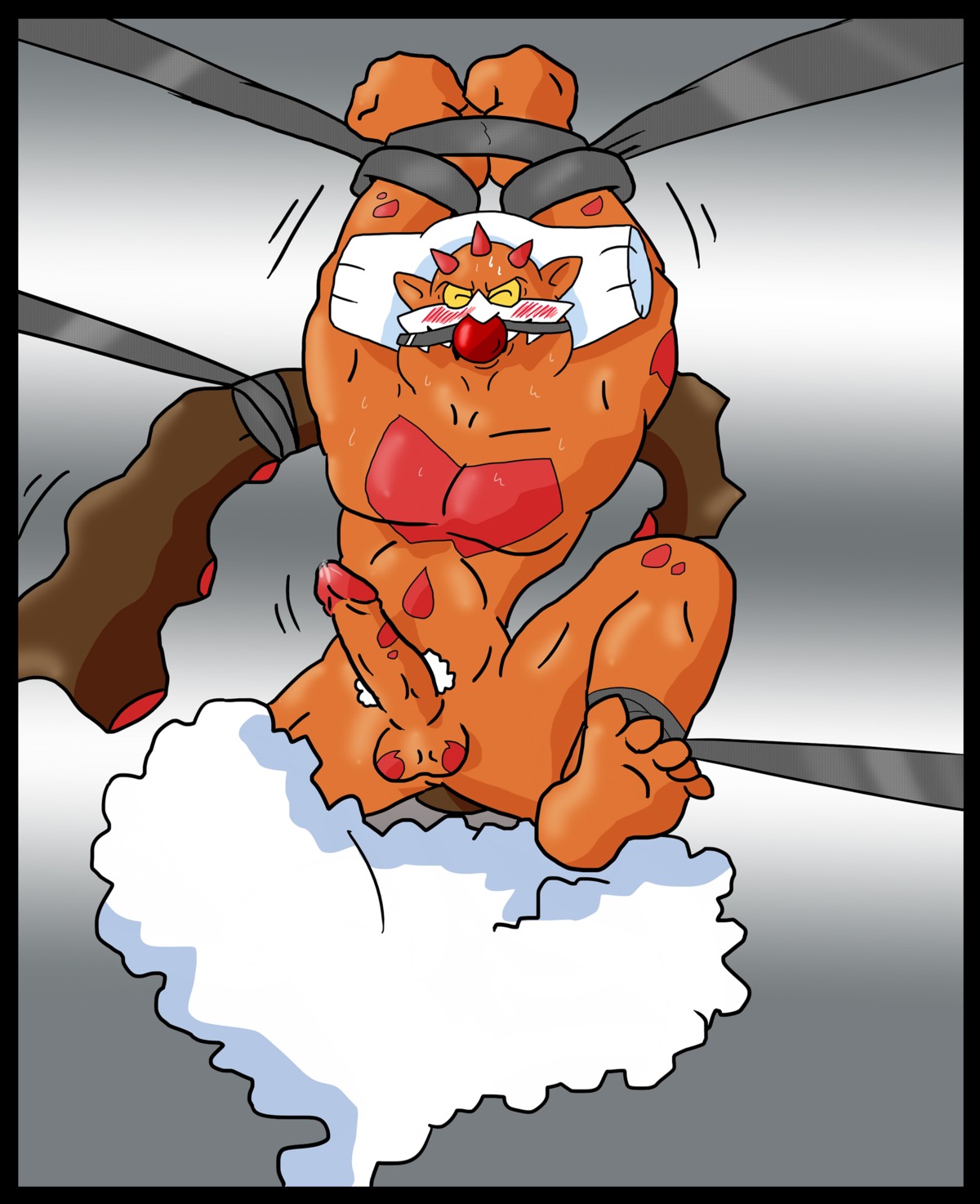 ball_gag balls blush bondage chains closed_eyes gag gay hikozarulove landorus male malesub penis pokemon rule34 sweat testicles
