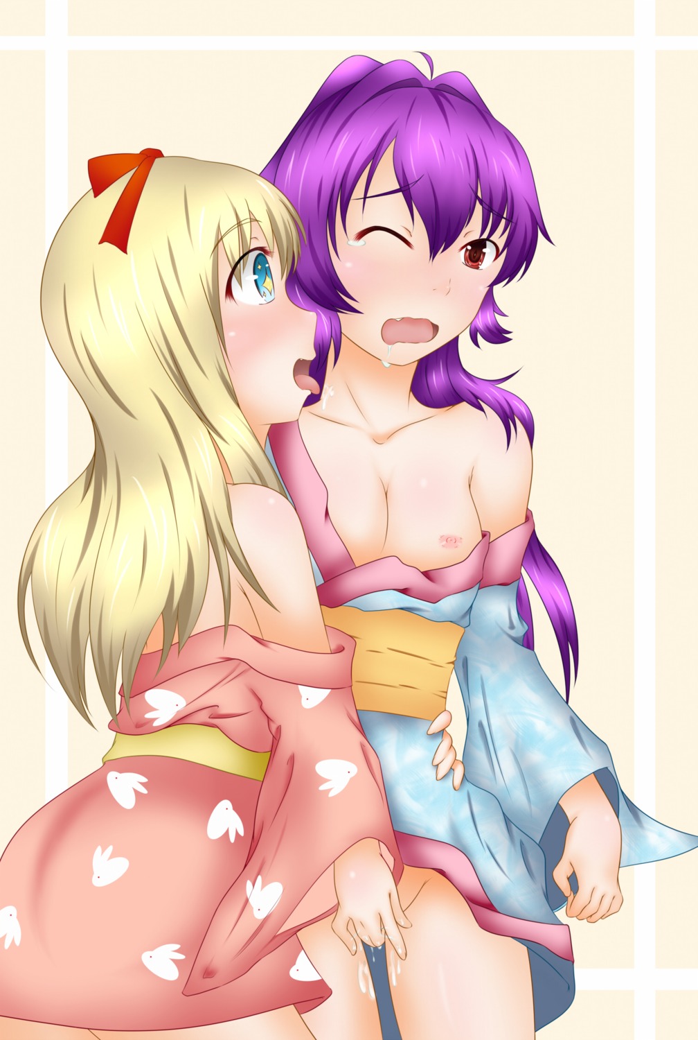2girls blonde_hair blue_eyes blush breasts brown_eyes clothing female fingering highres licking multiple_females multiple_girls nipples open_mouth purple_hair ribbon rule34 saliva sex sugiura_ayano symbol-shaped_pupils tongue toshinou_kyouko yuri yuru_yuri