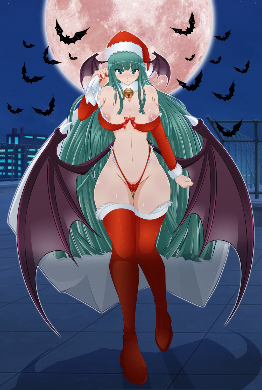 bra breasts christmas darkstalkers demon female medium_breasts morrigan_aensland panties rule34 stockings succubus tagme teal_hair tk@buta_kuma