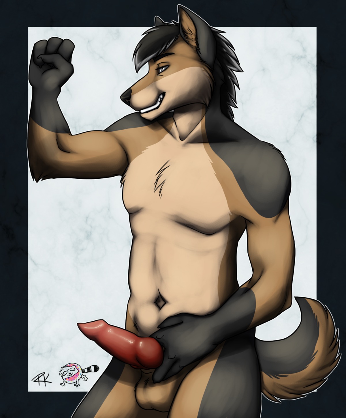 2013 abstract_background animal_genitalia animal_penis anthro balls biceps biped brown_body brown_fur canid canine canine_genitalia canine_penis canis dessert domestic_dog doughnut e621 erection food fur genitals grey_eyes grin hair hi_res holding_knot holding_knot_root holding_own_knot holding_own_knot_root holding_own_penis holding_penis husky knot looking_at_viewer male mammal muscular muscular_anthro muscular_male nordic_sled_dog nude pastry pecs penis procyonid r-oadkill raccoon rex_(rexroyale) simple_background smile solo spitz standing tail tan_body tan_fur wolf