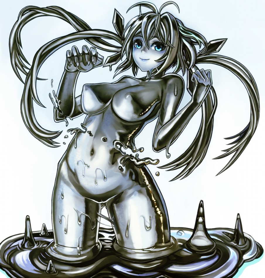 big_breasts blue_eyes breasts chikokuma e621 female genitals goo_creature grey_hair hair humanoid long_hair metal monochrome monster_girl_(genre) navel not_furry smile solo vulva