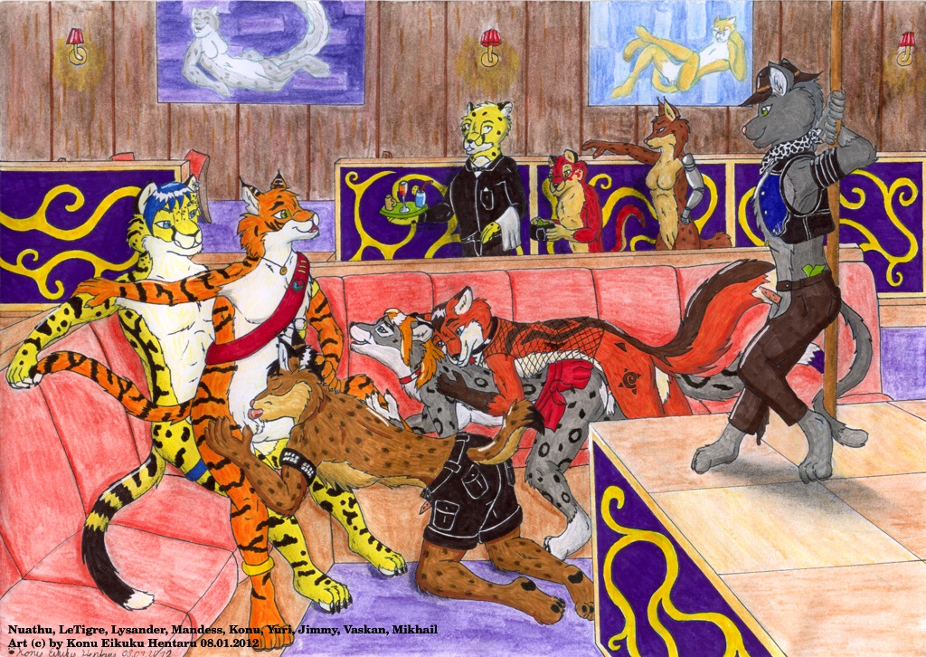 2012 anal anthro bar chaps cheetah clothed clothing domestic_cat e621 erection felid feline felis female genitals group group_sex interspecies king_cheetah konu konu_eikuku_hentaru leopard leopardus letigre lynx lysander_(eltigero) male male/male male_penetrated male_penetrating male_penetrating_male mammal mandess mostly_nude nightclub nuathu nude ocelot orgy pantherine penetration penis sex snow_leopard table_dance tail tiger topless vaginal vaskan