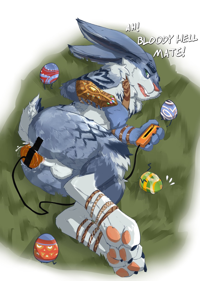 3_toes 4_toes anal anal_masturbation anal_penetration anatomically_inaccurate anatomically_inaccurate_pawpads anthro balls biped blue_body blue_fur caught_in_the_act digital_media_(artwork) digitigrade dildo e._aster_bunnymund e621 easter easter_bunny egg english_text feet feet_together foot_focus foot_wraps fur genitals grass green_eyes hindpaw holidays lagomorph leporid looking_at_viewer lying male mammal masturbation nude object_in_ass on_side pawpads paws penetration plant rabbit rise_of_the_guardians seth-iova sex_toy sex_toy_in_ass sex_toy_insertion soles solo strapped_in_toy taped_vibrator text toes toying_self vibrator vibrator_in_ass wraps