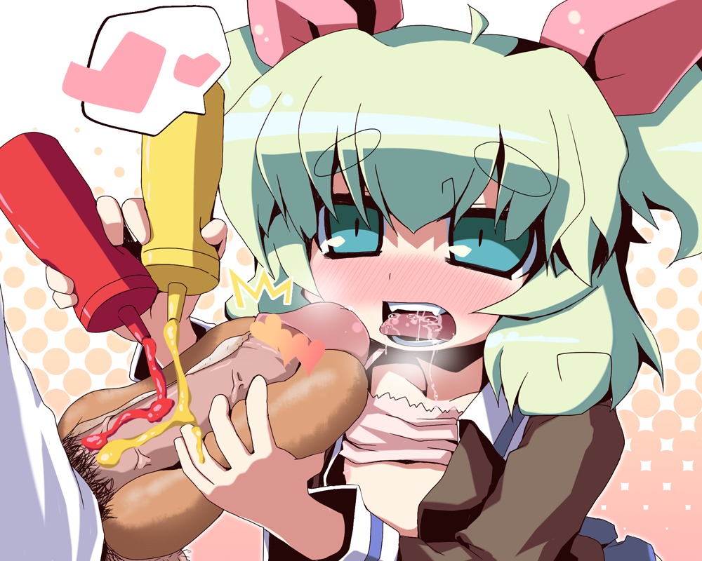 blush censored female food_penetration green_hair heart hot_dog hot_dog_bun hungry ketchup male mustard novelty_censor penis penis_hot_dog penis_in_hot_dog_bun pointless_censoring rule34 saliva tenjou_nanaki tongue