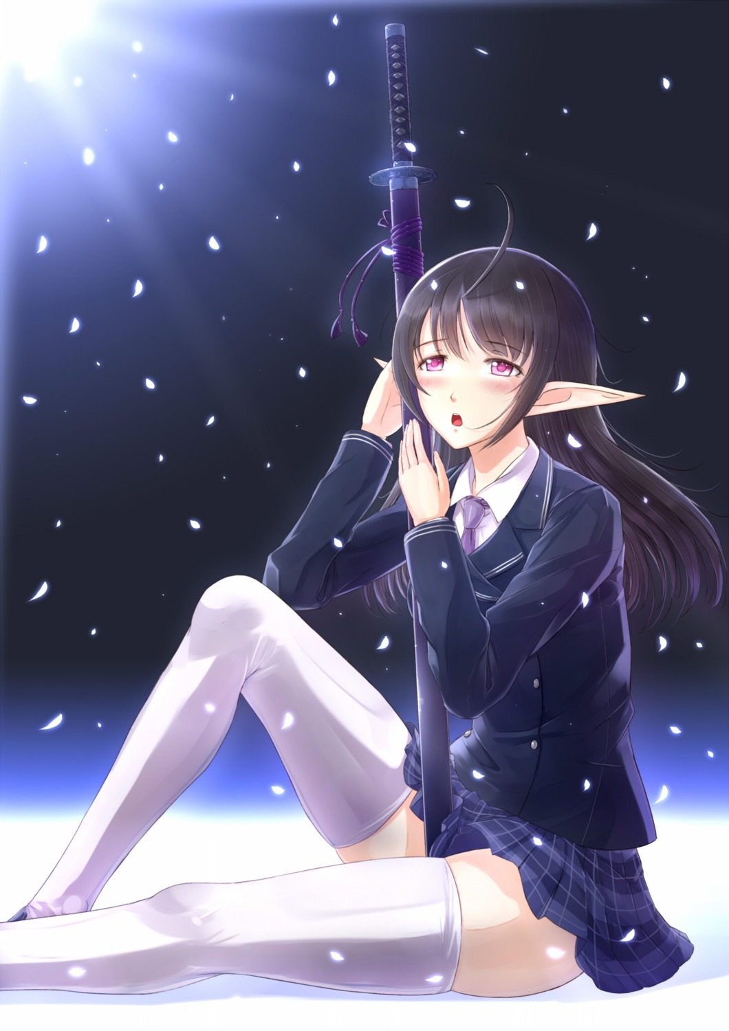 black_hair elf female katana pointy_chin rule34 school_uniform schoolgirl sword thighhighs weapon