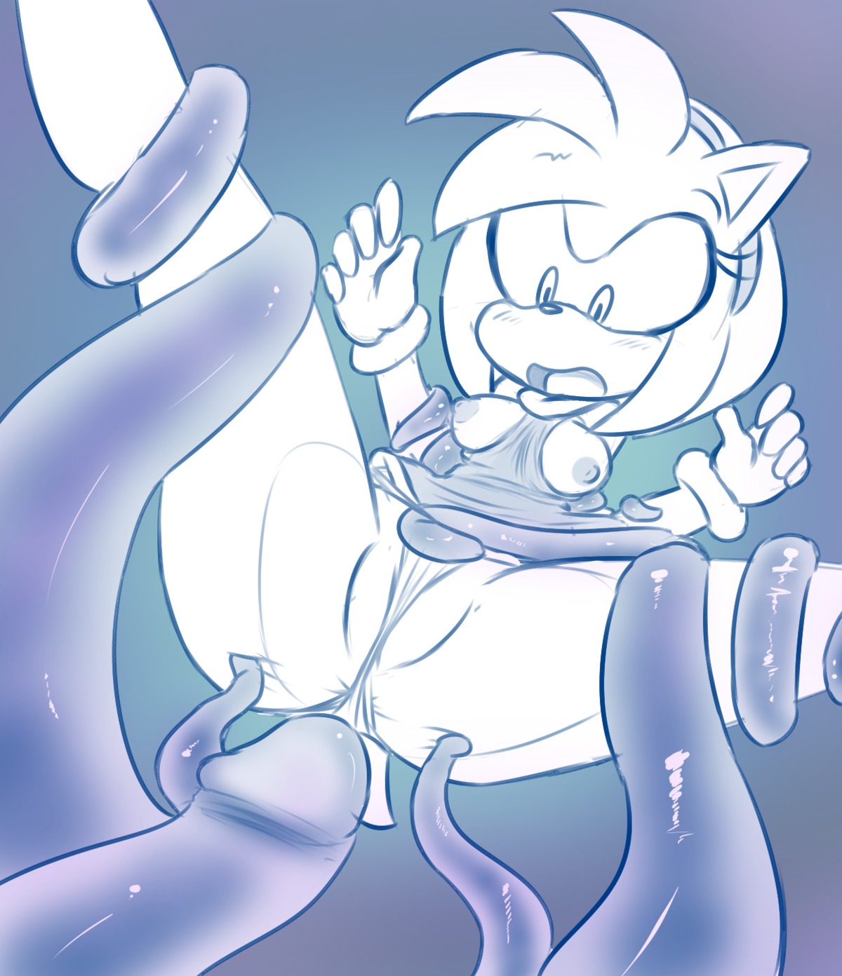 amy_rose anthro anus blush breasts digital_media_(artwork) e621 eulipotyphlan female genitals hedgehog hi_res mammal monochrome nipples sega solo sonic_the_hedgehog_(series) tenshigarden tentacles vulva