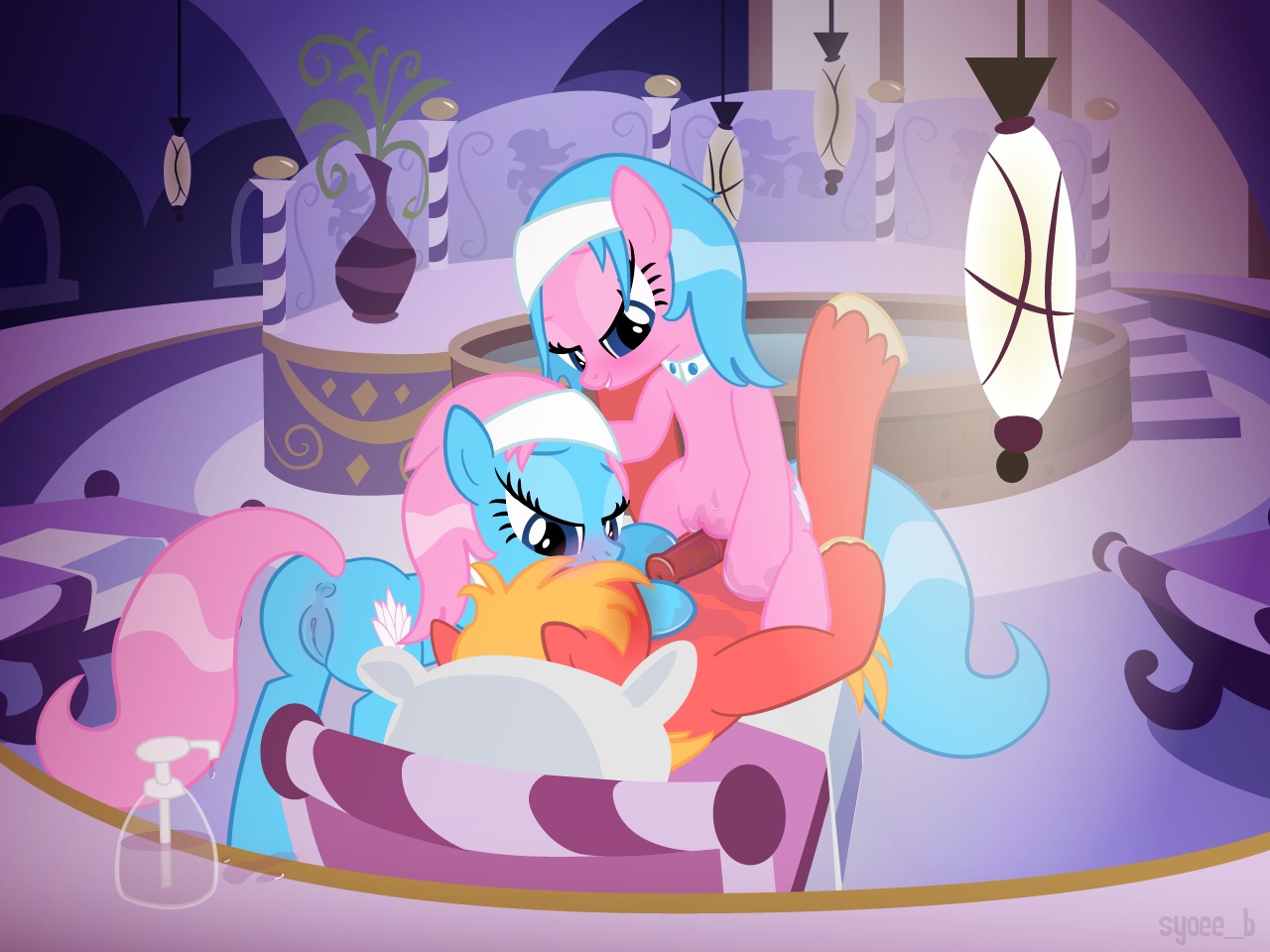 2012 4:3 aloe_(mlp) animal_genitalia animal_penis anus big_macintosh_(mlp) blue_hair blush cutie_mark e621 earth_pony equid equine equine_genitalia equine_penis erection female feral feral_on_feral friendship_is_magic genitals group group_sex hair hasbro horse indirect_incest_(lore) lotus_(mlp) male male/female mammal my_little_pony penis pillow pink_hair pony pussyjob quadruped rubbing sex spa syoee_b tail threesome trio vulva wet