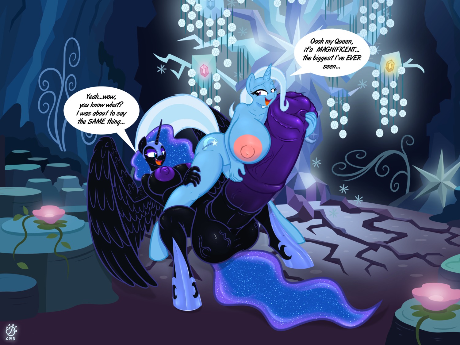 2014 4:3 absurd_res animal_genitalia animal_penis anjuneko anthro anthrofied badgerben balls big_balls big_breasts big_penis black_body black_feathers black_fur blue_body blue_eyes blue_fur blue_hair body_worship breasts cutie_mark dialogue duo e621 english_text equid equine equine_genitalia equine_penis erection feathered_wings feathers female friendship_is_magic fur genital_worship genitals gynomorph hair hasbro hi_res horn huge_balls huge_breasts huge_penis hyper hyper_balls hyper_breasts hyper_genitalia hyper_penis intersex mammal multicolored_hair my_little_pony mythological_creature mythological_equine mythology nightmare_moon_(mlp) nipples open_mouth penile penis penis_worship purple_eyes story story_in_description text trixie_(mlp) two_tone_hair unicorn winged_unicorn wings