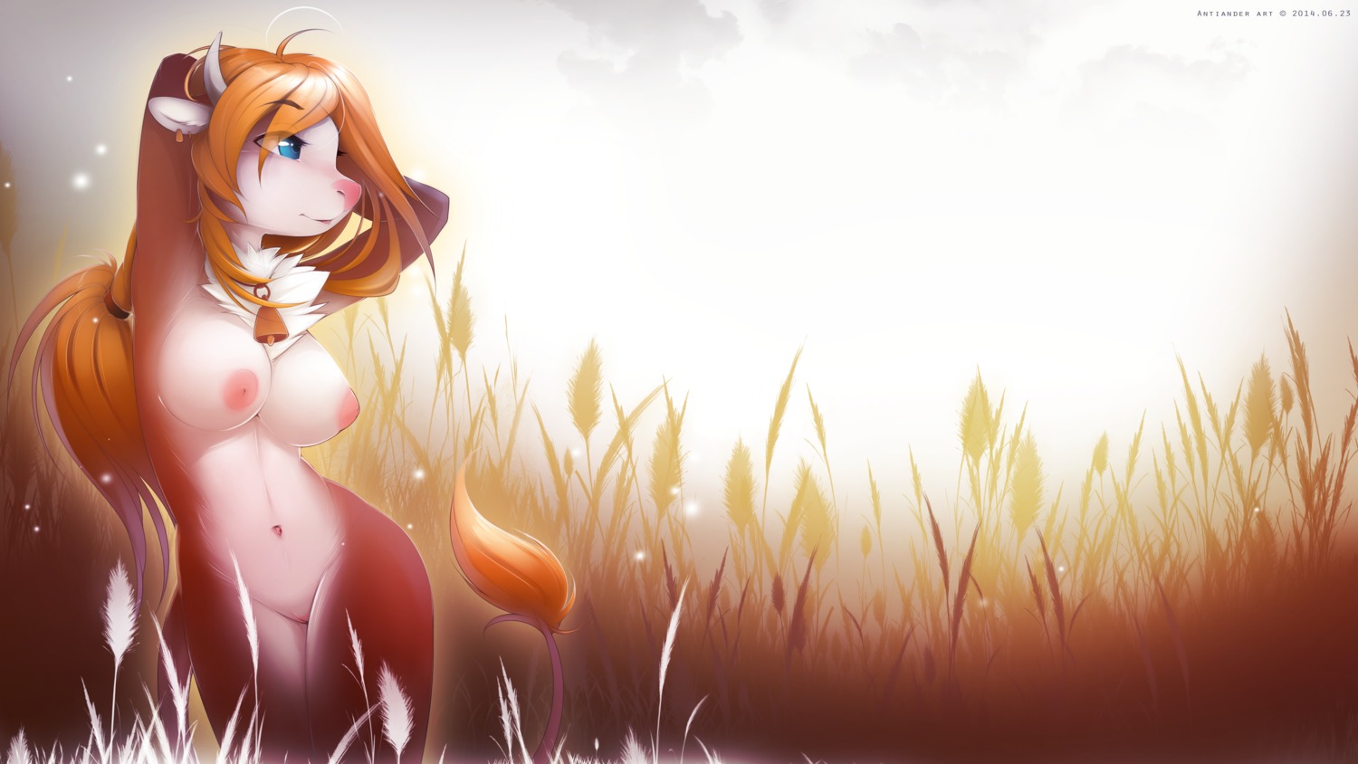 2014 absurd_res anthro antiander areola beef_cattle bell big_areola biped blonde_hair blue_eyes bovid bovine breasts cattle chest_tuft cloud day e621 ear_piercing female field fur genitals grass hair hands_behind_head hay hereford_cattle hi_res horn inverted_nipples long_hair mammal mane navel nipples nude outside piercing pink_nose plant pose red_body red_fur sky smile solo standing tail tail_tuft tuft vulva white_body white_fur