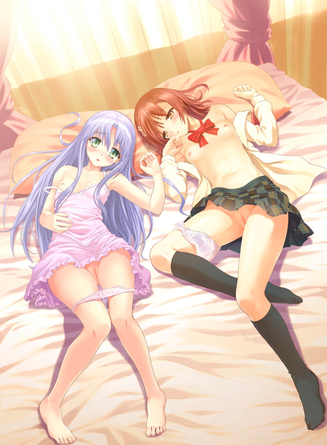 bare_shoulders barefoot bed black_legwear black_socks blush brown_eyes brown_hair denhijou_niki feet female female_only flat_chest highres human index innie_pussy knee_socks kneehighs kneesocks long_hair lying misaka_mikoto multiple_females multiple_girls panties panties_around_leg panties_around_one_leg pillow plaid pussy rule34 short_hair skirt socks strap_slip to_aru_kagaku_no_railgun to_aru_majutsu_no_index uncensored underwear upskirt