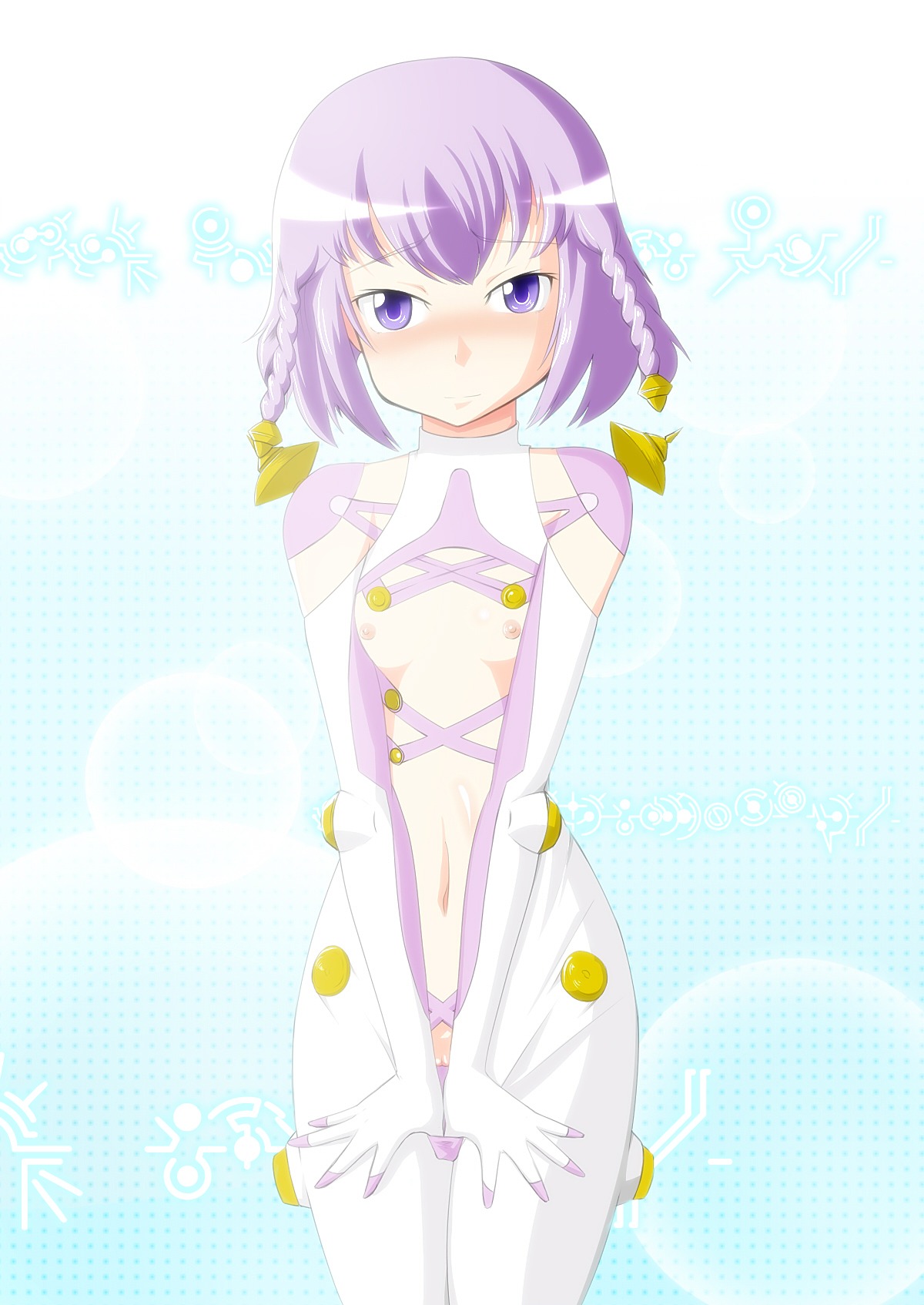 5_fingers ar_tonelico ar_tonelico_iii blush bodysuit braid clothing female flat_chest gust hair_ornament highres jpg navel nipples panties panty_pull purple_eyes purple_hair pussy rule34 short_hair skin_tight solo standing tamakko tilia twin_braids uncensored underwear