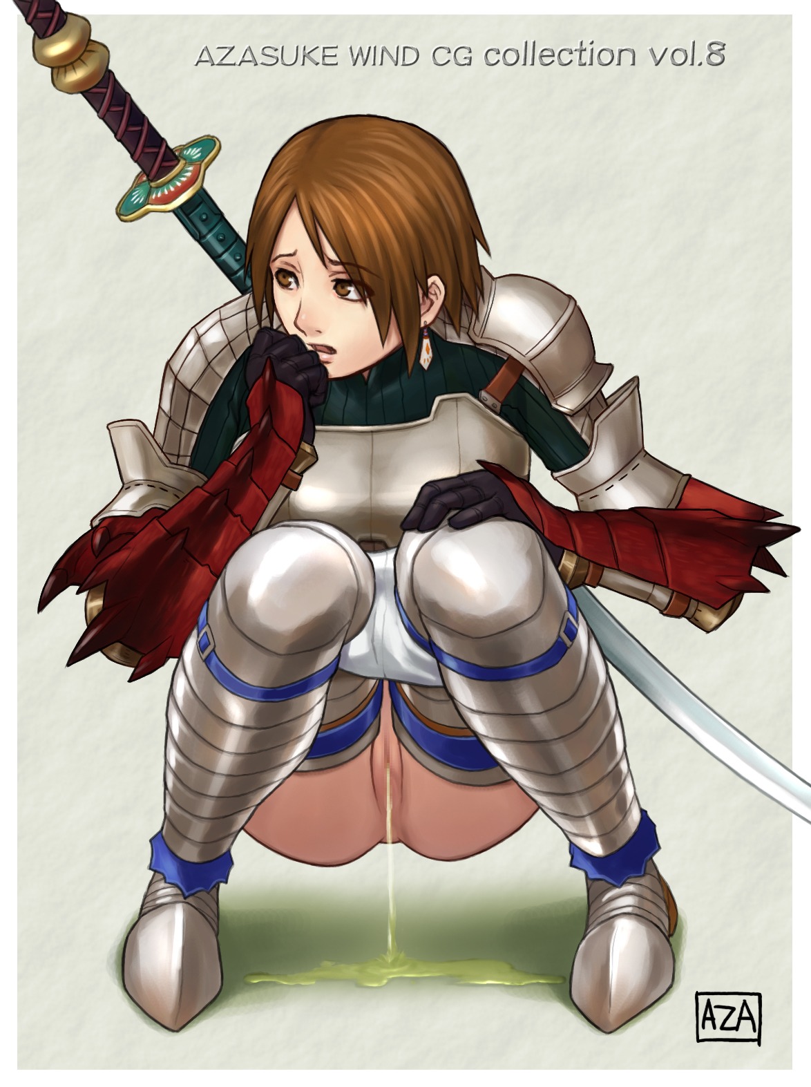 armor azasuke brown_eyes brown_hair censored earrings female gauntlets gloves highres jewelry monster_hunter peeing pussy rule34 short_hair shorts shorts_pull solo squatting sword thighhighs weapon