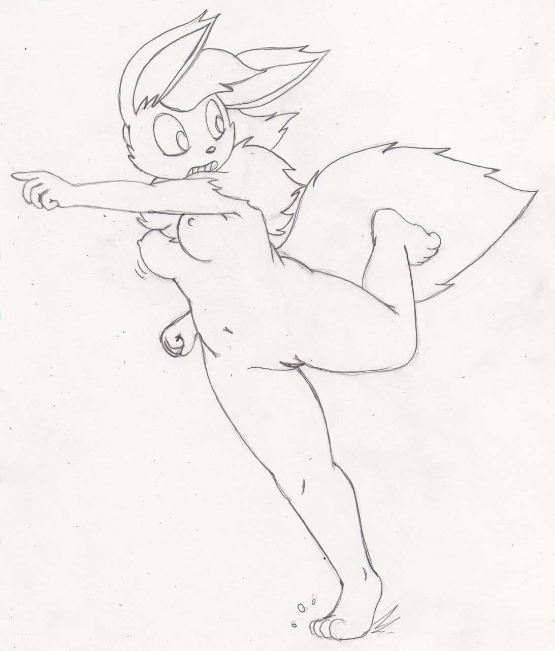 anthro anthrofied breasts e621 eeveelution female flareon generation_1_pokemon genitals hi_res hybridprojectalpha monochrome nintendo pokemon pokemon_(species) pokemorph running solo vulva