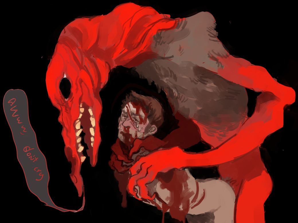 2_missing_limbs 4:3 amputee black_background blood bodily_fluids brown_hair disability double_amputee duo e621 english_text gore hair human male mammal missing_all_arms missing_arm nightmare_fuel nude red_body red_skin simple_background teeth text unknown_species wounded yolk_(artist)