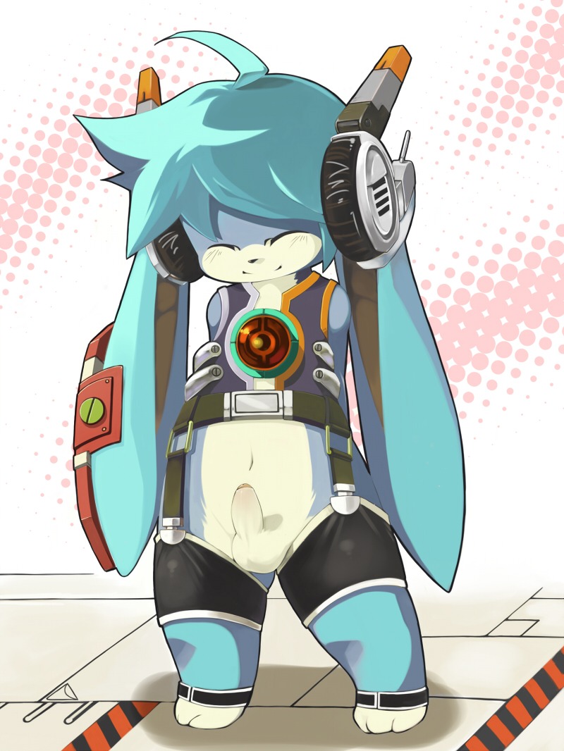 2011 anthro balls countershading crossgender e621 electronics erection foreskin genitals hatsune_miku headphones kemono lagomorph leporid male mammal mumu partially_retracted_foreskin penis rabbit shota solo source_request vocaloid y2k_(graphic_design) yamaha_corporation young young_anthro young_male