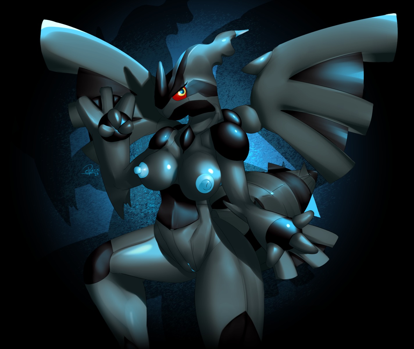 2013 anthro blue_nipples breasts digital_media_(artwork) dragon e621 elpatrixf female generation_5_pokemon genitals hi_res horn legendary_pokemon looking_at_viewer mythological_creature mythological_scalie mythology nintendo nipple_dip nipples non-mammal_breasts non-mammal_nipples nude pokemon pokemon_(species) scalie solo vulva wings yellow_eyes zekrom