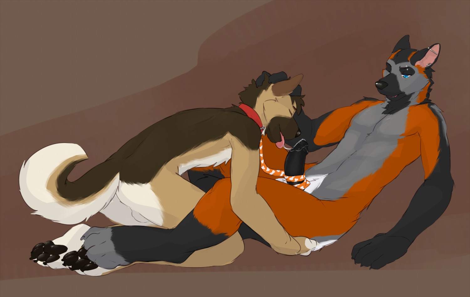 2014 after_oral all_fours anthro arcshep barefoot black_pawpads black_penis bodily_fluids butt canid canine canis collar cum digital_media_(artwork) domestic_dog dominant dominant_male duo e621 ear_piercing erection eyebrow_piercing eyes_closed facial_piercing feet fellatio fur genital_fluids genitals german_shepherd hand_on_head herding_dog humanoid_genitalia humanoid_penis industrial_piercing leash licking male male/male mammal nude oral orange_body orange_fur pastoral_dog pawpads paws penile penis piercing precum saliva saliva_string seth-iova sex side_view sitting submissive submissive_male tanner_james tongue tongue_out wolf