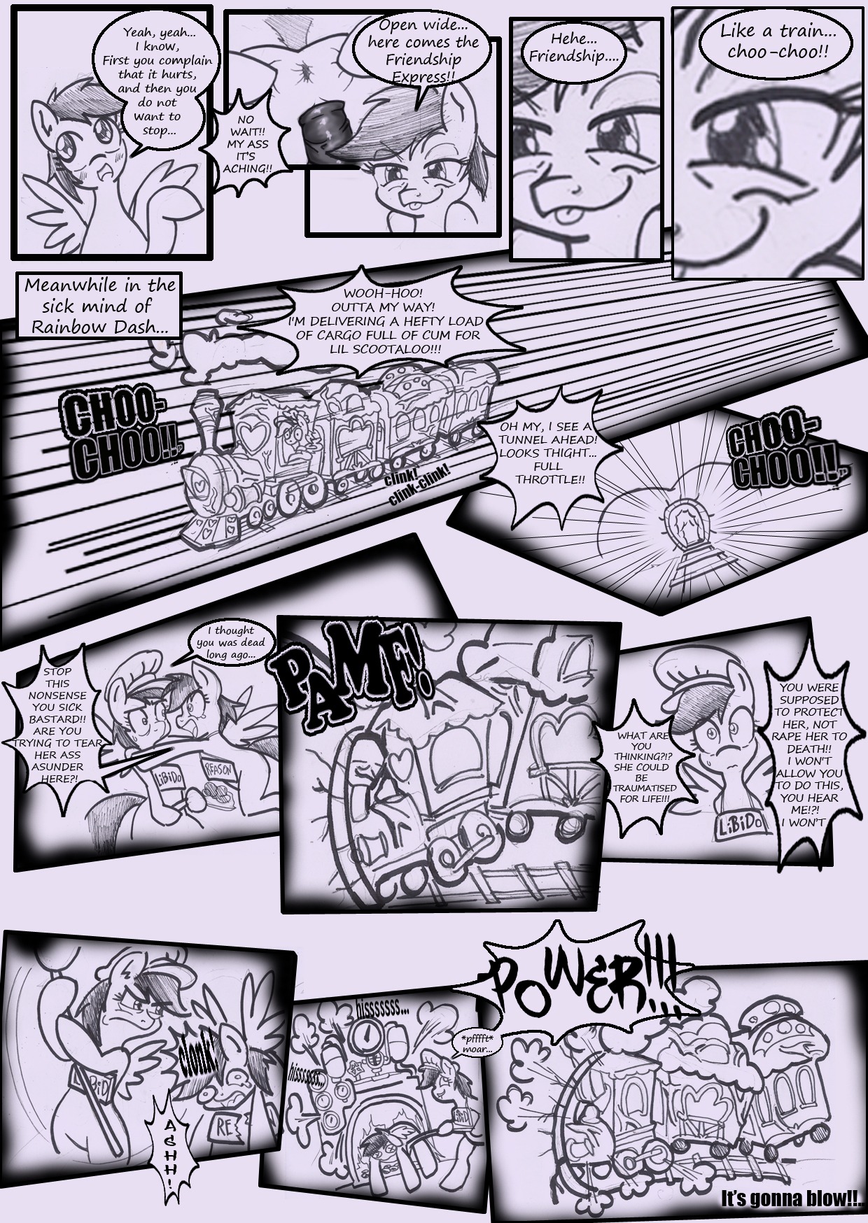 2013 anibaruthecat animal_genitalia animal_penis anus black_and_white blush bodily_fluids comic death dialogue duo e621 english_text equid equine equine_genitalia equine_penis feathered_wings feathers female feral friendship_is_magic genitals grin gynomorph gynomorph/female hair half-closed_eyes hasbro hi_res humor intersex intersex/female mammal monochrome my_little_pony mythological_creature mythological_equine mythology narrowed_eyes pegasus penis profanity rainbow_dash_(mlp) sketch smile sweat text traditional_media_(artwork) train vehicle wings