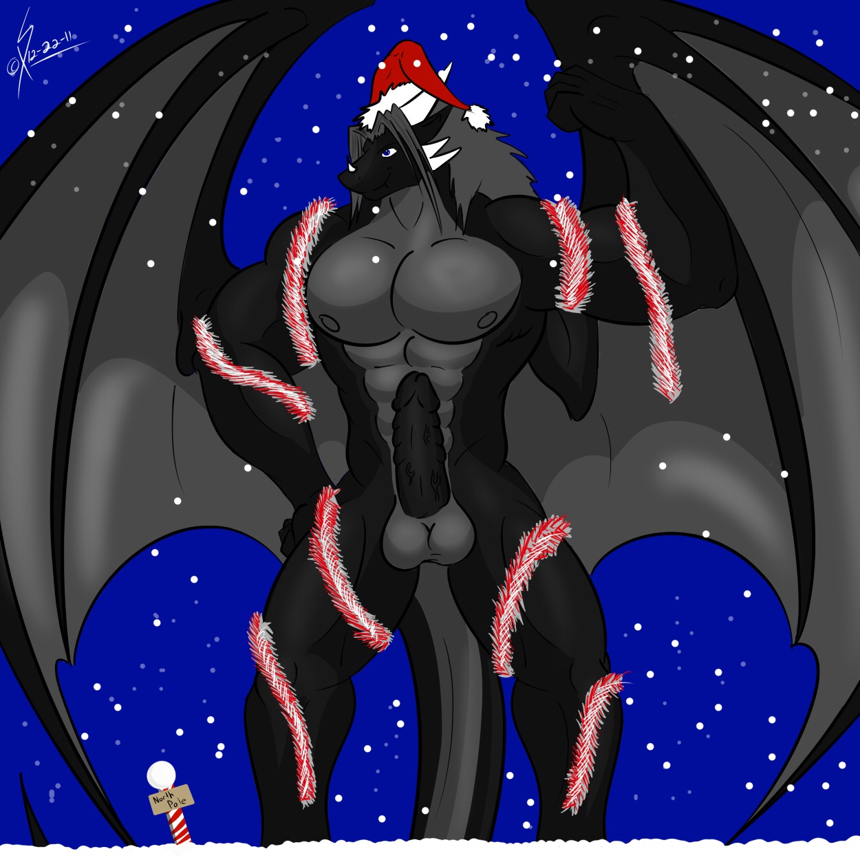 1:1 2011 abs anthro balls biceps big_balls big_muscles big_penis biped black_body black_penis black_skin blue_eyes christmas christmas_clothing christmas_headwear clothing dragon e621 erection european_mythology flexing front_view genitals grey_body grey_skin hair hat hat_only headgear headgear_only headwear headwear_only hi_res holidays horn male membrane_(anatomy) membranous_wings mostly_nude muscular muscular_anthro muscular_male mythological_creature mythological_scalie mythology nipples non-mammal_balls outside pecs penis pose presenting presenting_penis reptile saixyuniz-xynz santa_hat scales scalie snow snowing solo standing tail vein western_dragon white_horn wings