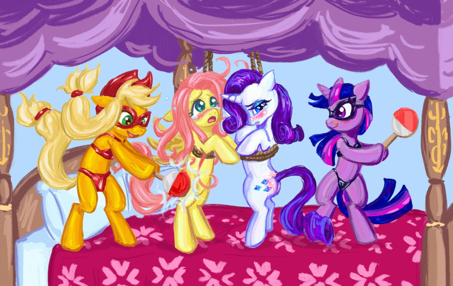 2013 absurd_res applejack_(mlp) bdsm bed blue_eyes blush bound butt_slap clothing cutie_mark e621 earth_pony english_text equid equine eyewear feathered_wings feathers female feral fluttershy_(mlp) freckles friendship_is_magic fur furniture green_eyes group hair hasbro hat headgear headwear hi_res horn horse mammal mask multicolored_hair my_little_pony mythological_creature mythological_equine mythology orange_body orange_fur paddle panties pegasus pillow pink_hair pony purple_body purple_eyes purple_fur purple_hair rarity_(mlp) slap spanking superkeen suspension text twilight_sparkle_(mlp) two_tone_hair underwear unicorn white_body white_fur wings yellow_body yellow_feathers yellow_fur