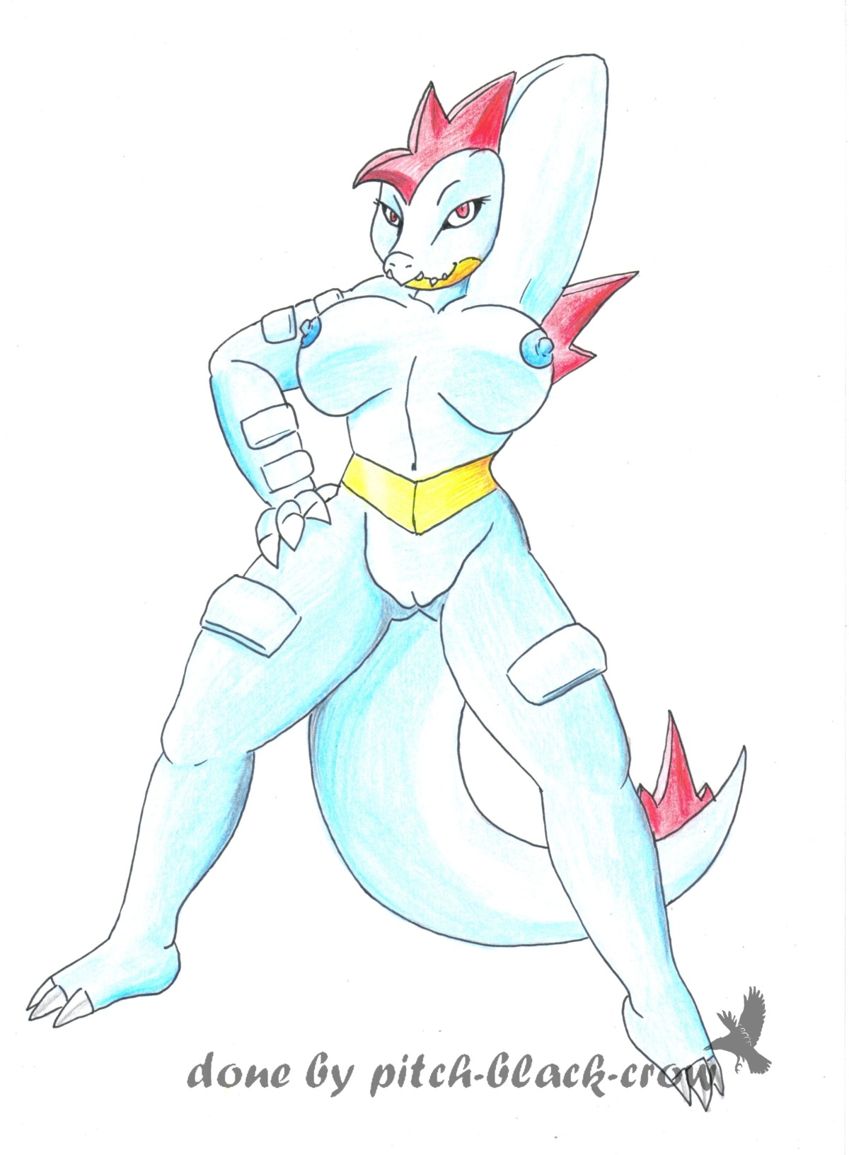 absurd_res anthro anthrofied blue_body blue_nipples breasts e621 female feraligatr generation_2_pokemon genitals hand_on_hip hi_res nintendo nipples non-mammal_breasts non-mammal_nipples nude pinup pitch-black-crow pokemon pokemon_(species) pokemorph pose red_eyes reptile scalie simple_background solo spines tail vulva watermark white_background