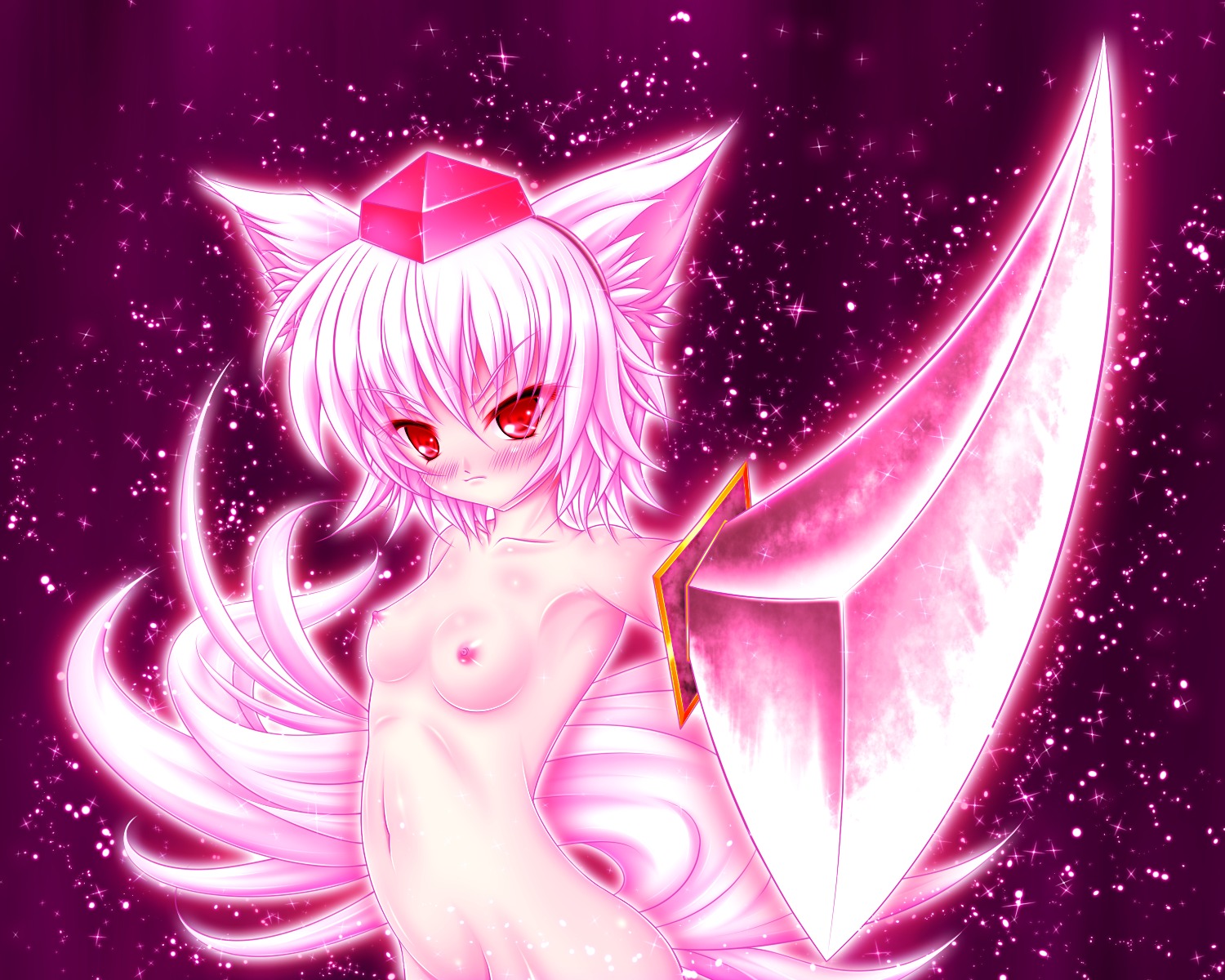 1girls animal_ears blush breasts female flat_chest foreshortening hat highres kunisaki_tomoro kunisakitomoro momiji_inubashiri mound_of_venus navel nipples nude pixiv_manga_sample red_eyes rule34 solo sword tail tokin_hat touhou weapon white_hair wolf_ears wolf_tail