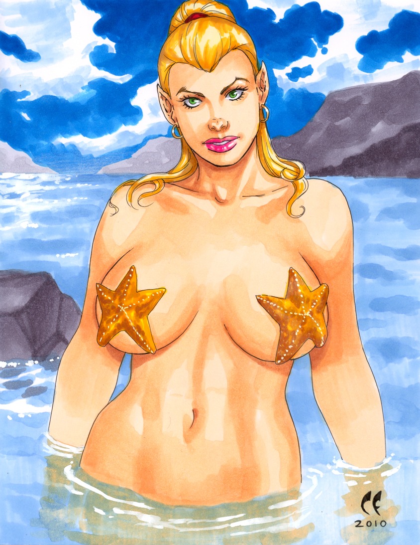 1girls blonde_hair breasts chris_foulkes earrings female female_only green_eyes large_breasts lipstick looking_at_viewer marvel marvel_comics namorita_prentiss navel ocean outside pasties pointy_ears ponytail rule34 solo starfish straight_hair sub-mariner_(marvel_comics) water