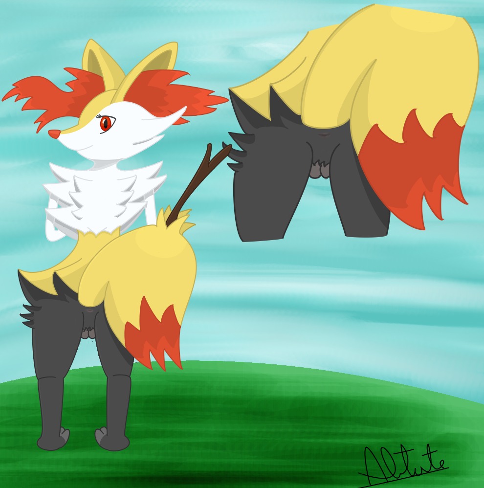 abtute12 anthro anus braixen canid canine e621 feet female fur generation_6_pokemon genitals inner_ear_fluff mammal nintendo pokemon pokemon_(species) red_eyes signature solo stick toes tuft vulva