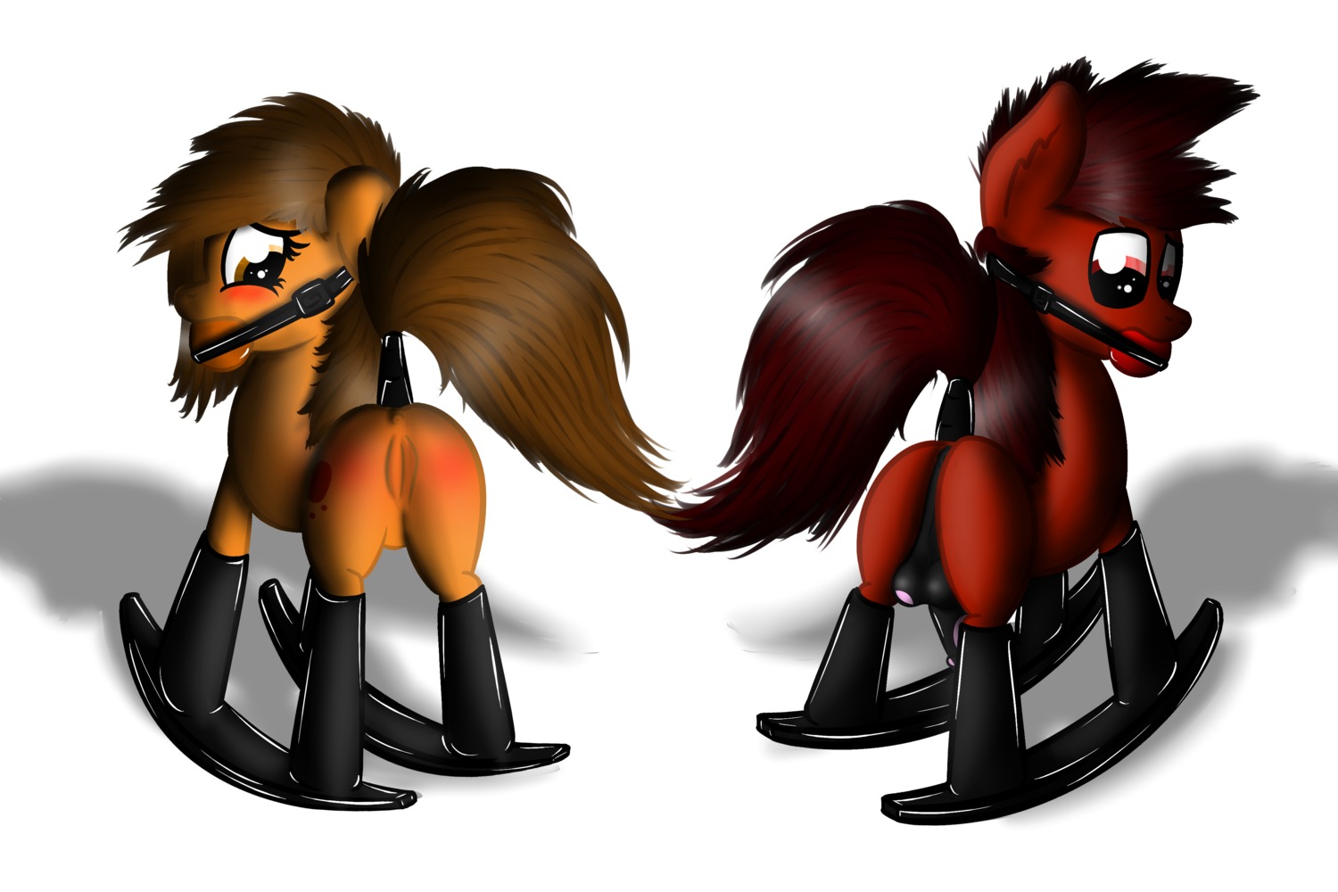 2013 absurd_res amber_eyes anus backsack ball_gag balls bdsm blush bondage bound bridle brown_hair butt digital_media_(artwork) duo e621 earth_pony equid equine erection fan_character female feral fur gag gagged genitals hair harness hasbro hi_res horse leather looking_at_viewer looking_back male mammal mars_miner marsminer my_little_pony nude penis petplay pony ponyplay raised_tail red_body red_eyes red_fur red_hair rocking_horse roleplay simple_background tail tail_wraps venus_spring vulva wraps yellow_body yellow_fur