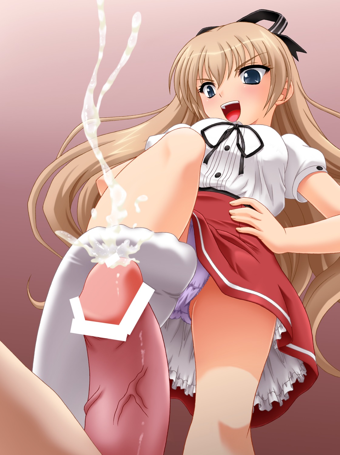 bar_censor blush censored cum cumming cumshot ejaculation feet female femdom footjob footjob_with_legwear footwear high_resolution human long_hair looking_down male mayoi_neko_overrun! open_mouth penis ribbon rule34 sockjob socks soles standing standing_footjob straight thick_penis toes