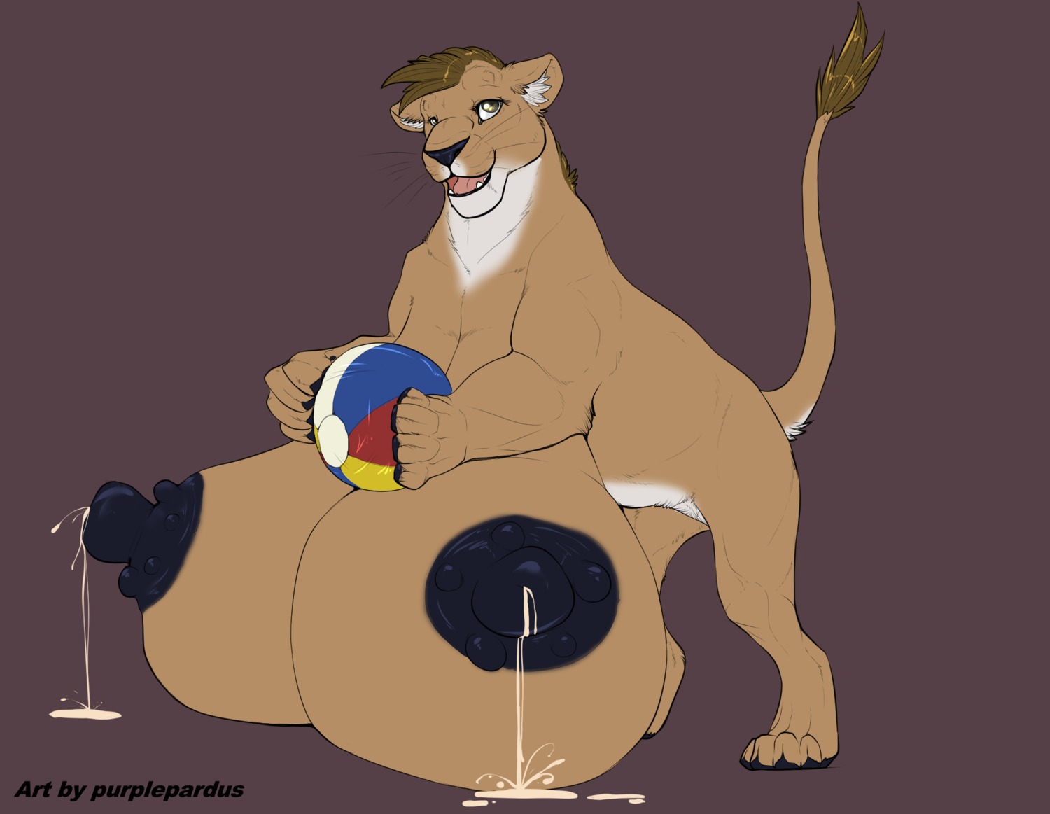 2014 anthro areola ball big_breasts big_nipples black_areola black_nipples black_nose bodily_fluids breasts brown_body brown_eyes brown_fur brown_hair busty_feral dark_areola dark_nipples e621 feet felid female feral fur grey_background hair hi_res hindpaw holding_ball holding_object huge_breasts huge_nipples hyper hyper_breasts lactating lion looking_at_viewer lvica mammal milk nipples pantherine paws purplepardus semi-anthro short_hair simple_background smile solo whiskers white_body white_fur