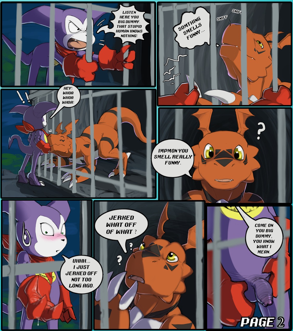 all_fours angry bandai_namco blush bodily_fluids claws clothing comic cum cum_on_hand dialogue digimon digimon_(species) digital_hazard duo e621 english_text exclamation_point feral flaccid foreskin genital_fluids genitals gloves guilmon handwear hi_res humanoid humanoid_genitalia humanoid_penis imp impmon kerchief male markings mostly_nude multicolored_body narse nude orange_body penis purple_body question_mark scalie sniffing speech_bubble sweat sweatdrop symbol tail text tiptoes toe_claws unretracted_foreskin white_body yelling