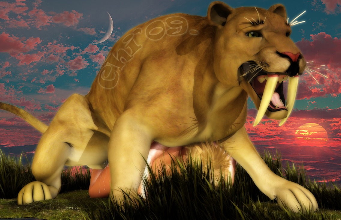 2009 3d_(artwork) afternoon bestiality blonde_hair bodily_fluids chi' cum digital_media_(artwork) dripping duo e621 fangs felid female female_on_feral feral genital_fluids grass hair human human_on_feral interspecies male male/female male_on_human mammal pantherine plant poser_porn prehistoric_species realistic_feral saber-toothed_tiger sabertooth_(anatomy) sunset tail teeth tiger