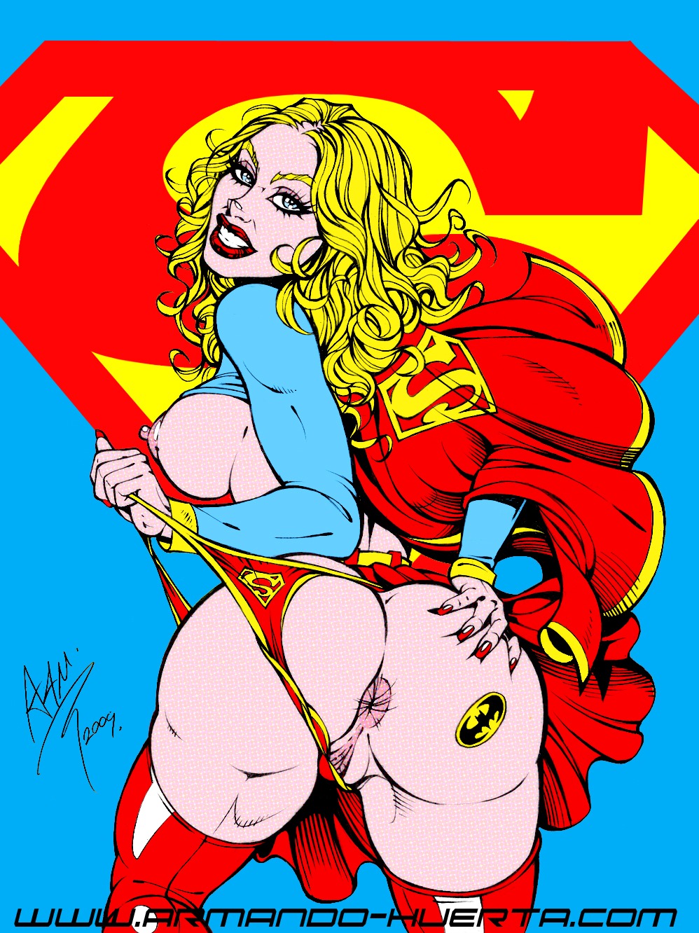 2009 anus armando_huerta ass back_view beige_skin blonde_hair blue_eyes breasts cape clenched_teeth clothes dc dc_comics female female_only grabbing_own_ass hair kryptonian looking_at_viewer looking_back nipples open_eyes presenting_hindquarters pussy rule34 signature skirt smile solo standing sticker supergirl superman_(series) text thong yellow_hair