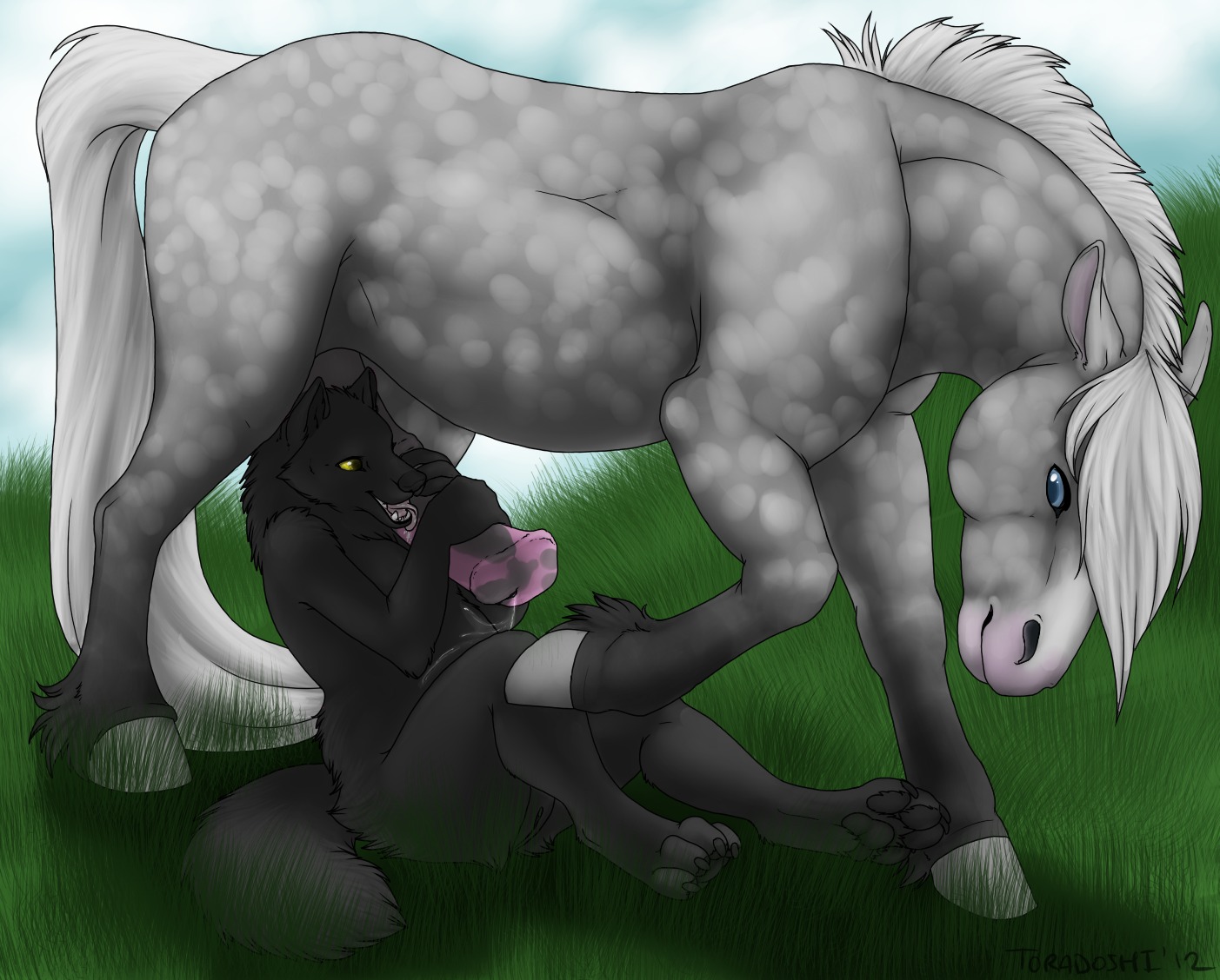 4_toes anatomically_correct anatomically_correct_genitalia anatomically_correct_penis animal_genitalia animal_penis anthro anthro_on_feral bestiality black_body black_fur bodily_fluids canid canine canis claws cum digitigrade duo e621 equid equine equine_genitalia equine_penis erection feet female feral fur genital_fluids genitals grass grey_body grey_fur happy happy_sex hindpaw hooves horse hug hugging_another hugging_penis interspecies larger_male licking looking_pleasured lying male male/female mammal nude on_back outside pawpads paws penis plant precum pregnant pregnant_female pregnant_sex quadruped sex sitting size_difference sky smaller_female spread_legs spreading standing tail toes tongue tongue_out toradoshi unguligrade vulva wolf yellow_eyes
