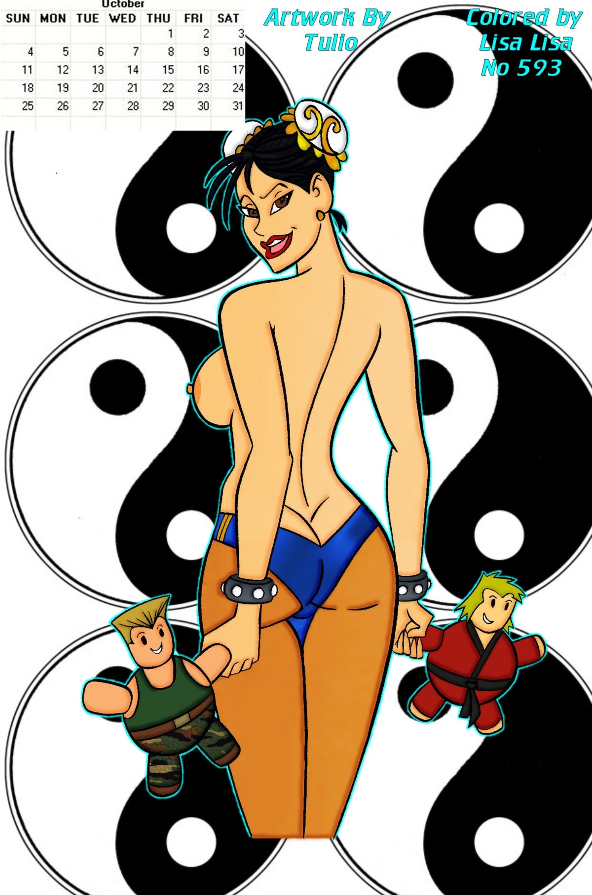 areola asian ass black_hair breasts brown_eyes calendar_(medium) capcom chun-li color colored earrings erect_nipples female female_only guile hair_ornament human ken_masters lisa_lisa_(artist) looking_back nipples open_mouth rule34 solo straight_hair street_fighter topless tulio
