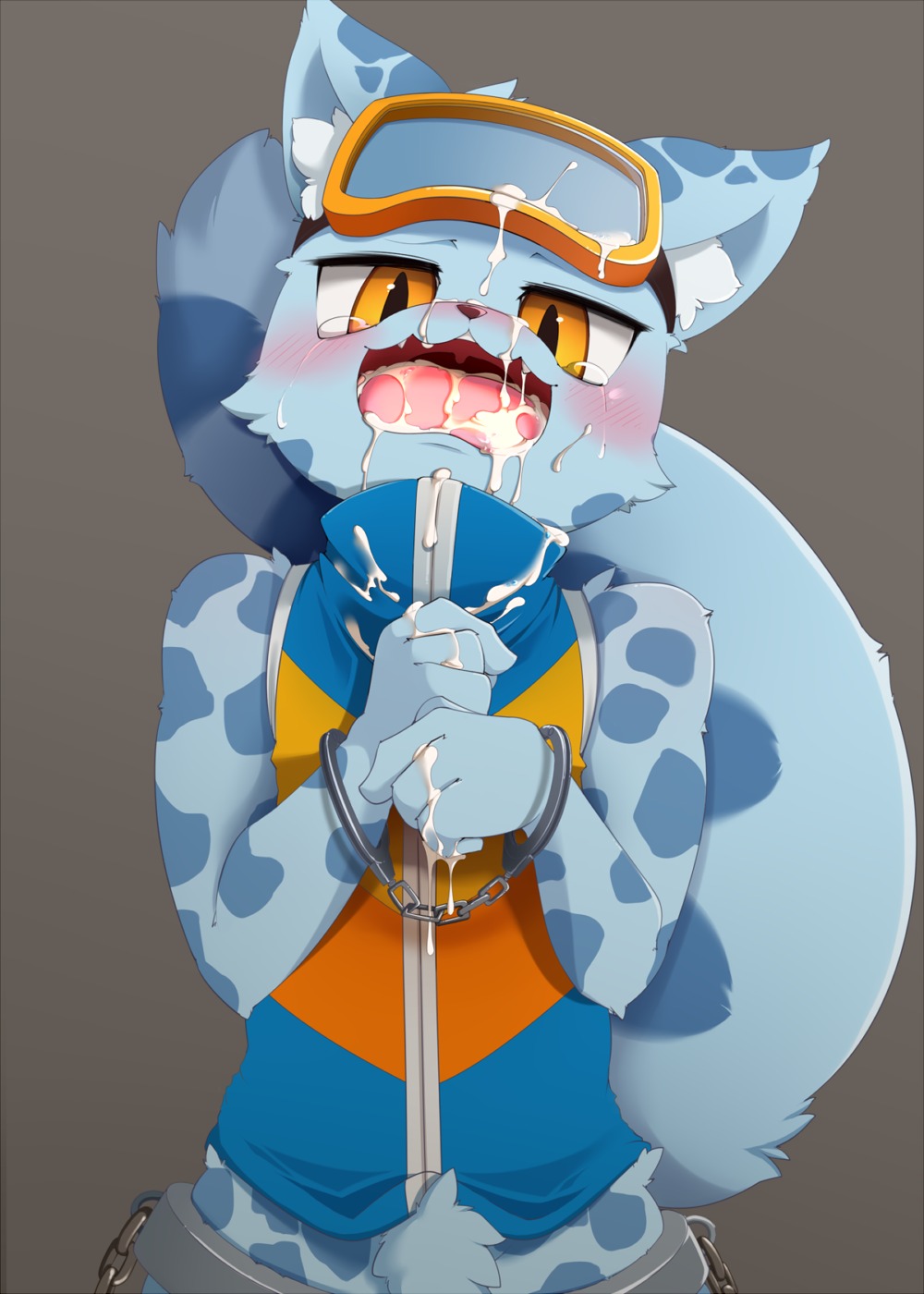 after_sex anthro bdsm bemani blush bodily_fluids bound cuff_(restraint) cum cum_in_mouth cum_inside cum_on_face cum_on_tongue e621 felid fur genital_fluids handcuffs hi_res konami male mammal messy metal_cuffs nekokagebevil ollie_(pop'n_music) open_mouth pantherine pop'n_music restraints saliva shackles simple_background snow_leopard solo submissive submissive_male sweat tears teeth tongue tuft young young_anthro young_male