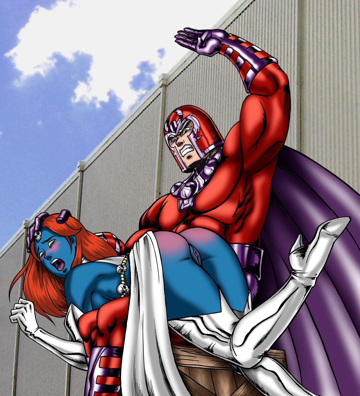 blue_skin blushing erik_lehnsherr female grabbing_head helmet long_hair magneto marvel marvel_comics max_eisenhardt mystique open_mouth outdoors pussy raven_darkholme red_hair rule34 slap straight_hair thighhigh_boots x-men yellow_eyes yellow_sclera