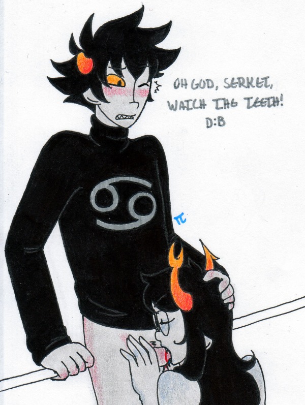 1boy 1girls black_hair blood blush closed_eyes clothing d: dialogue fangs fellatio female glasses grey_skin hand_on_head homestuck horns karkat_vantas long_hair male ms_paint_adventures one_eye_closed oral pandemoniumincarnate penis pointy_ears rule34 sharp_teeth short_hair source_request straight text troll vriska_serket white_background yellow_eyes