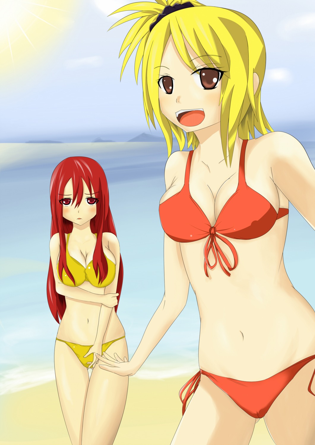 beach bikini bikini_bottom blonde_hair cleavage erza_scarlet fairy_tail female female_only human long_hair lucy_heartfilia multiple_females multiple_girls navel pointy_chin red_hair rule34 tagme