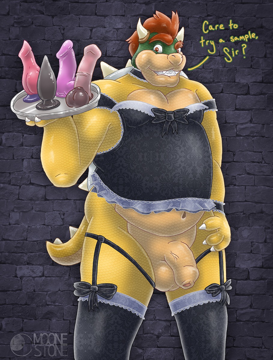 2014 animal_dildo animal_genitalia animal_sex_toy anthro balls biped bowser butt claws clothed clothing crossdressing dialogue dildo dragon e621 english_text equine_dildo flaccid foreskin garter_straps genitals hair hi_res horn humanoid_genitalia humanoid_penis koopa legwear looking_at_viewer maid_uniform male mario_bros moonestone muscular muscular_anthro muscular_male mythological_creature mythological_scalie mythology navel nintendo non-mammal_balls overweight overweight_anthro overweight_male pecs penis question question_mark reptile ribbons scalie sex_toy shell short_hair solo spikes standing stockings tail text thick_penis tray uniform vein veiny_penis
